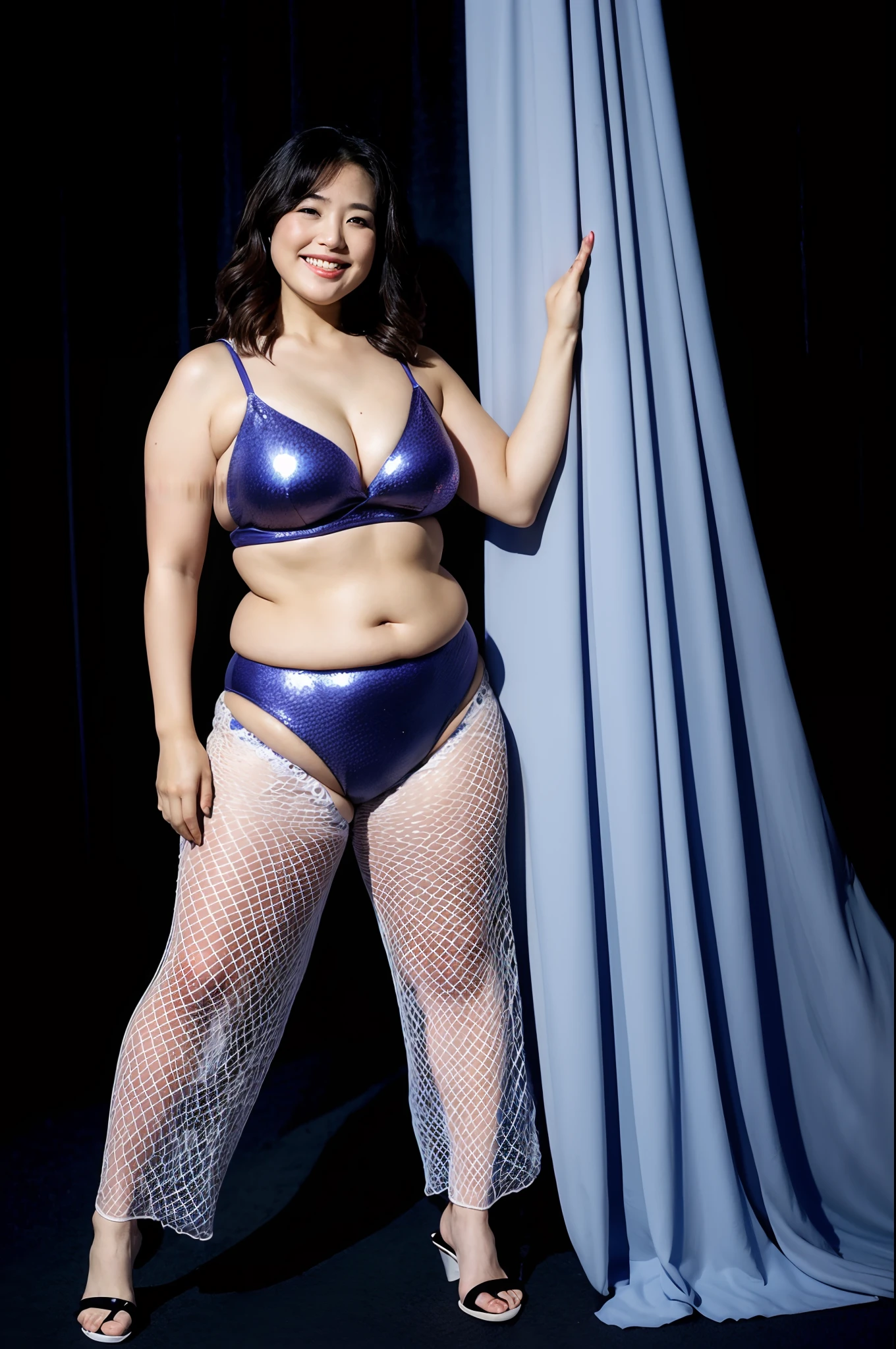 Sexy Japan plus size 50 year old Japan woman, one woman, evil smile, belly dancing, (full body: 1.2), curtain background, (8k, RAW photo, highest quality, masterpiece: 1.2), (realistic, photorealistic: 1.37), photon mapping, radiosity, physically based rendering,