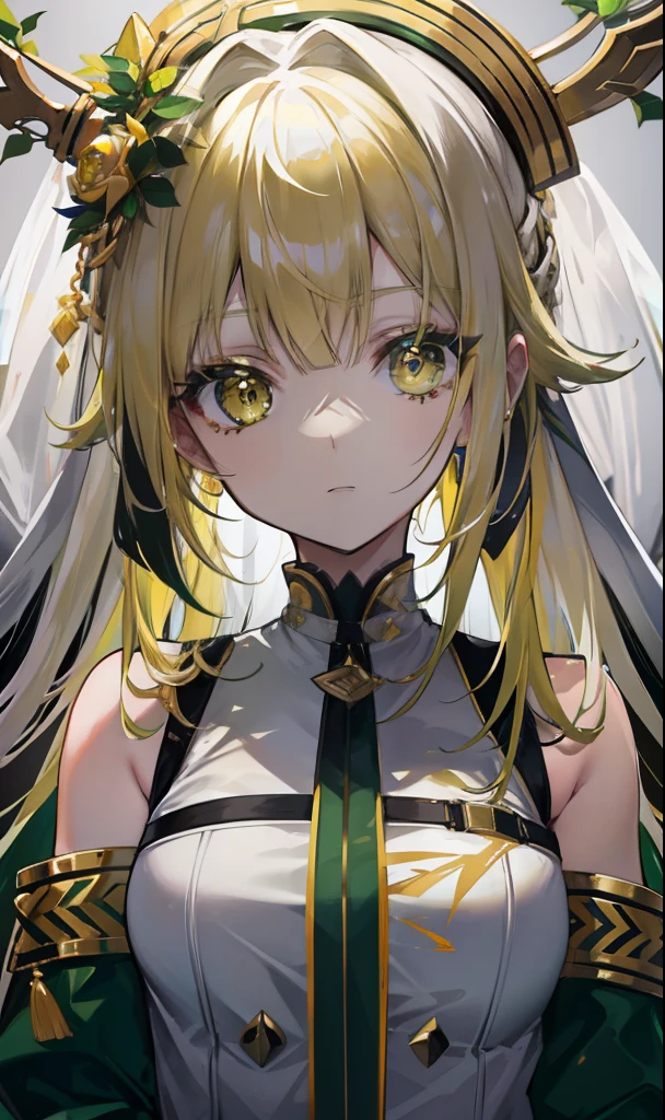 Greenish-yellow hair,Yellow-green pupils,White clothes with green and yellow accents with gold and silver ornaments,She is a naturally cute girl