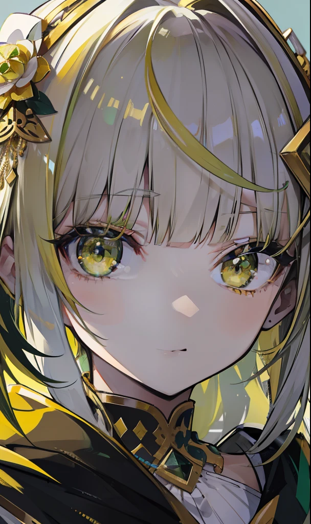 Greenish-yellow hair,Yellow-green pupils,White clothes with green and yellow accents with gold and silver ornaments,She is a naturally cute girl