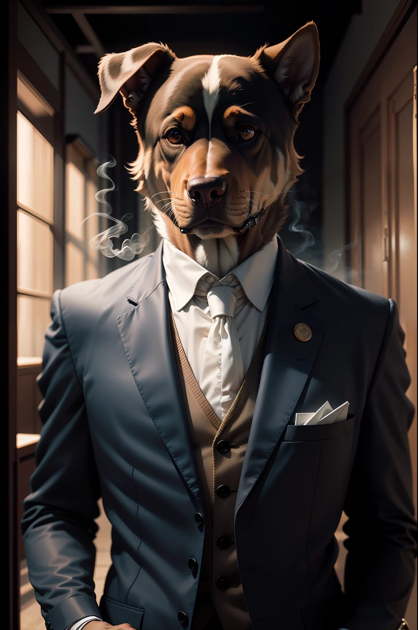 anthropomorphic dog, dressed in a suit, Smoking, lightroom, Cinematic, hdr, primitive, Intricate, High quality, soothing tones, Intricate details, Low contrast