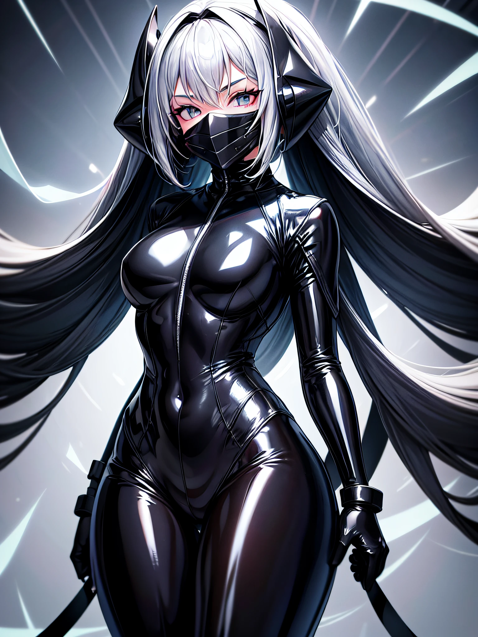 5 8K UHD、Silver-haired and small-nosed beauty in a black shiny black full-body rider suit wearing a black full-face helmet that covers the entire head is standing with her legs open facing the front、Wearing a shiny black latex slider suit with hidden skin、Shiny black latex slider suit、The upper part of the body