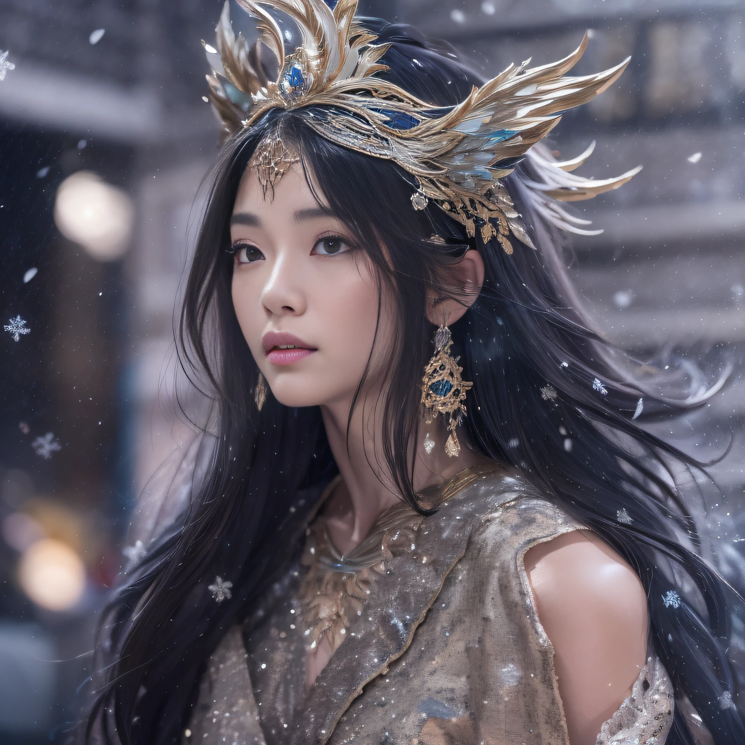 32k（tmasterpiece，k hd，hyper HD，32k）Long flowing black hair，Jewelry quarter in the back room，Brunette king girl ，Silver Dragon Protector （realisticlying：1.4），Python pattern robe，Purple-pink tiara，Snowflakes fluttering，The background is pure，Hold your head high，Be proud，The nostrils look at people， A high resolution， the detail， RAW photogr， Sharp Re， Nikon D850 Film Stock Photo by Jefferies Lee 4 Kodak Portra 400 Camera F1.6 shots, Rich colors, ultra-realistic vivid textures, Dramatic lighting, Unreal Engine Art Station Trend, cinestir 800，Hold your head high，Be proud，The nostrils look at people