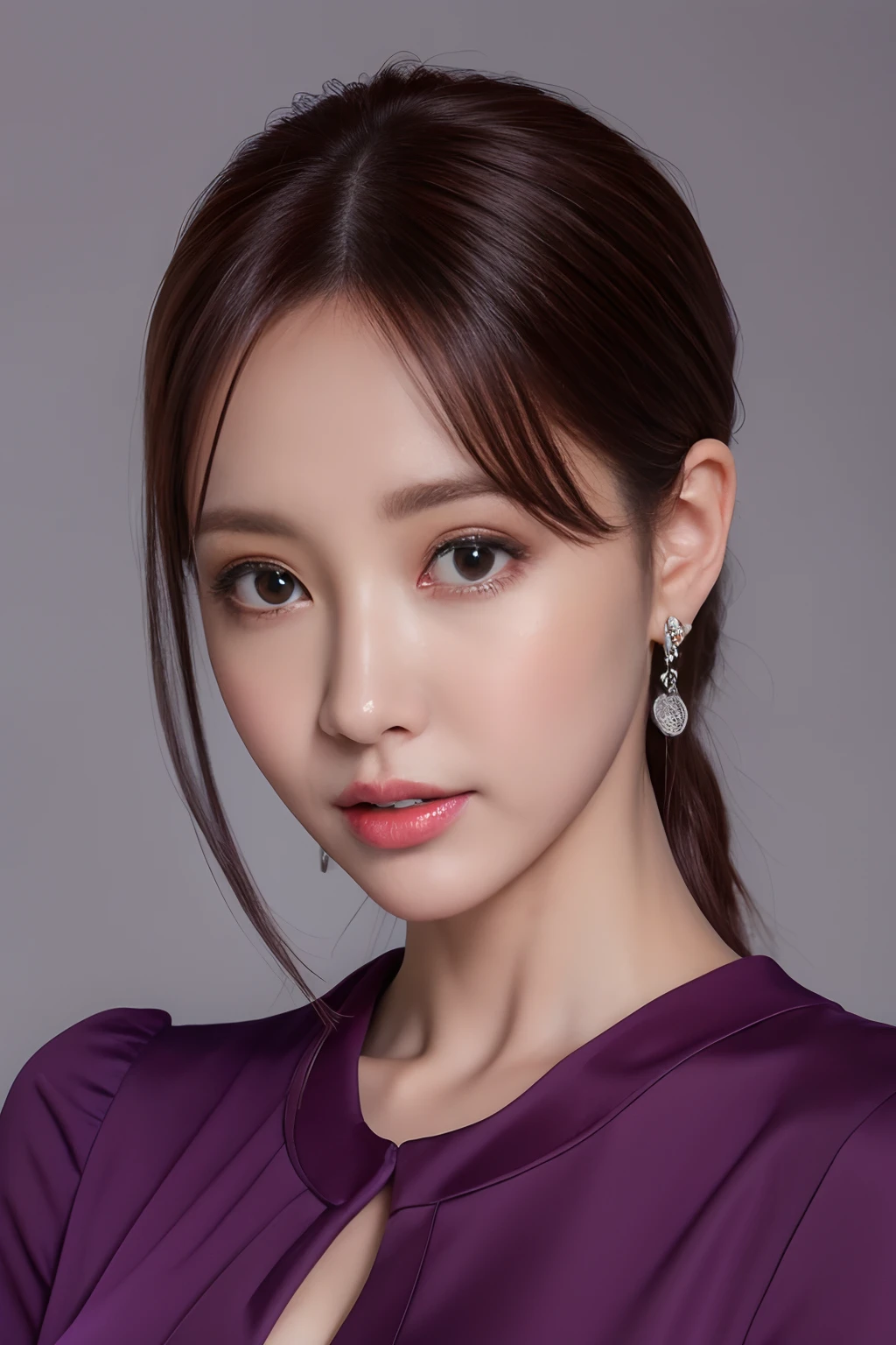 A close up of a woman wearing a purple dress and earrings - SeaArt AI