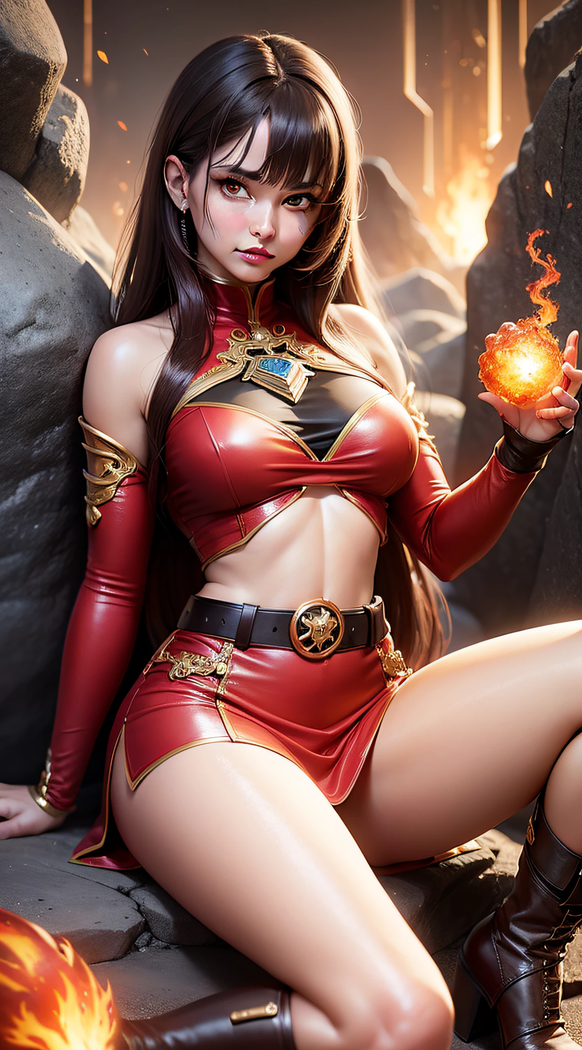 1girl, medium breasts, (long brown hair down), (straight hair with bangs), ((red eyes):1.2), ((bright eyes):1.2), long red dress with opening sides on the legs, bare shoulders, red sleeves, ankle boots, wide belt, ((showing a fireball in hand)) in a rocky desert. Very detailed image, detailed eyes. (extremely detailed 8k CG wallpaper), (extremely delicate and beautiful), (masterpiece), (best quality: 1.0), (ultra high resolution: 1.0), beautiful lighting, perfect lighting, realistic shadows, [high resolution ], detailed skin, ((skin texture)), super detailed