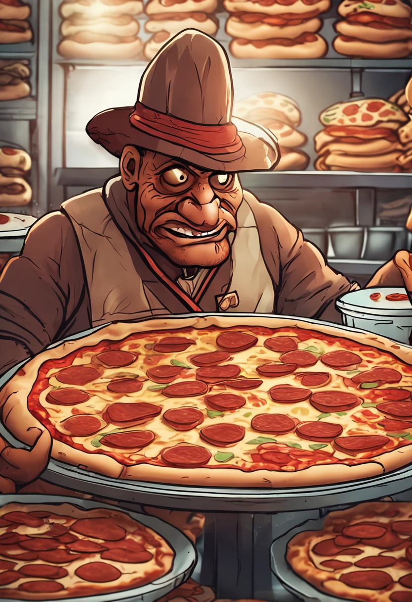 Ninja Turtle Michelangelo at a pizzeria, with his mouth full of pepperoni pizza, gazing at several other pepperoni pizzas on his table, as if this photo was taken by a Sony Alpha 7III.