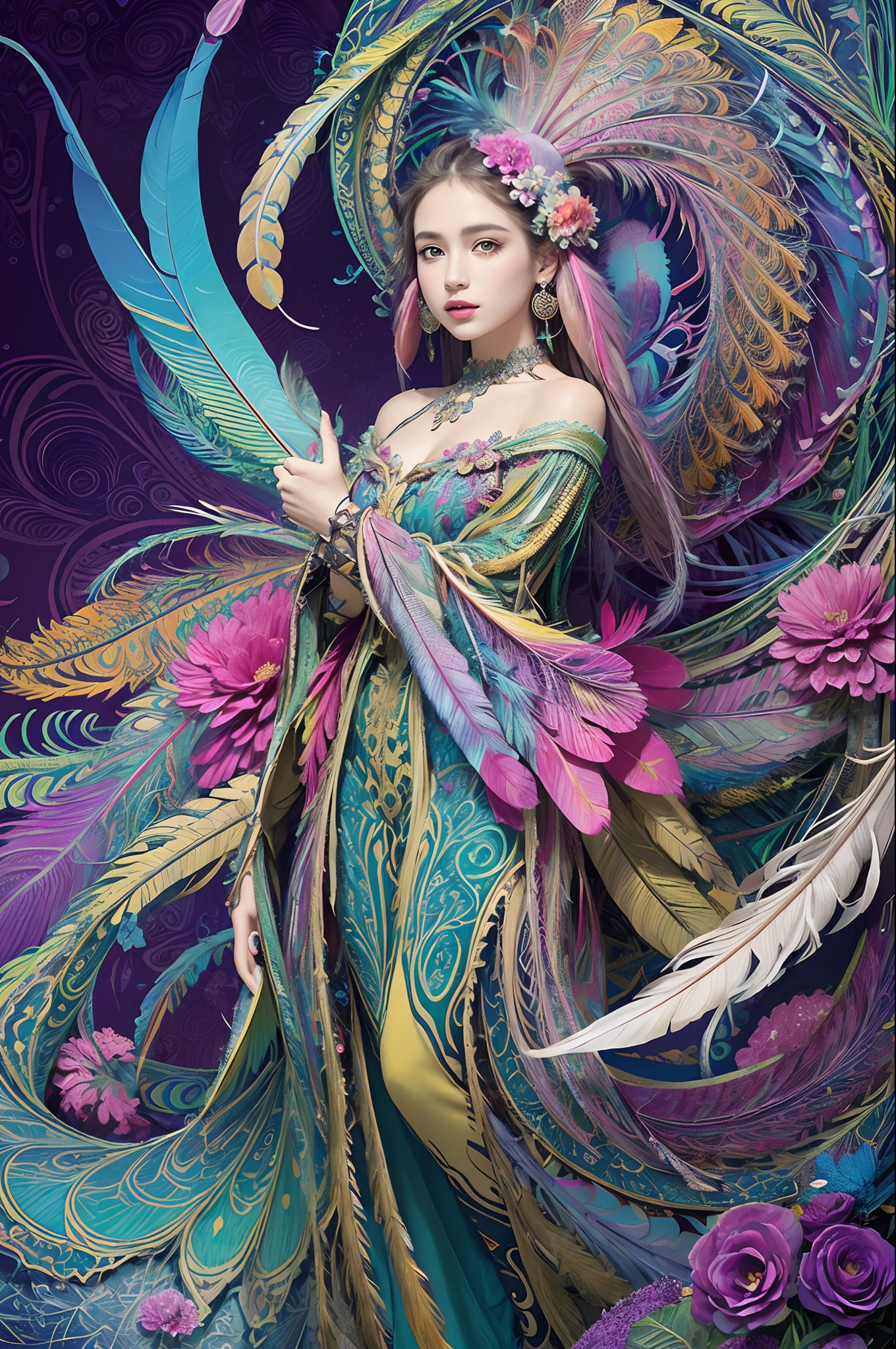 (masterpiece, top quality, best quality, official art, beautiful and aesthetic:1.2), (1girl:1.3), extremely detailed,(fractal art:1.1),(colorful:1.1)(flowers:1.3),highest detailed,(zentangle:1.2), full body, (abstract background:1.3), (shiny skin), (many colors:1.4), ,(earrings), (feathers:1.5),
