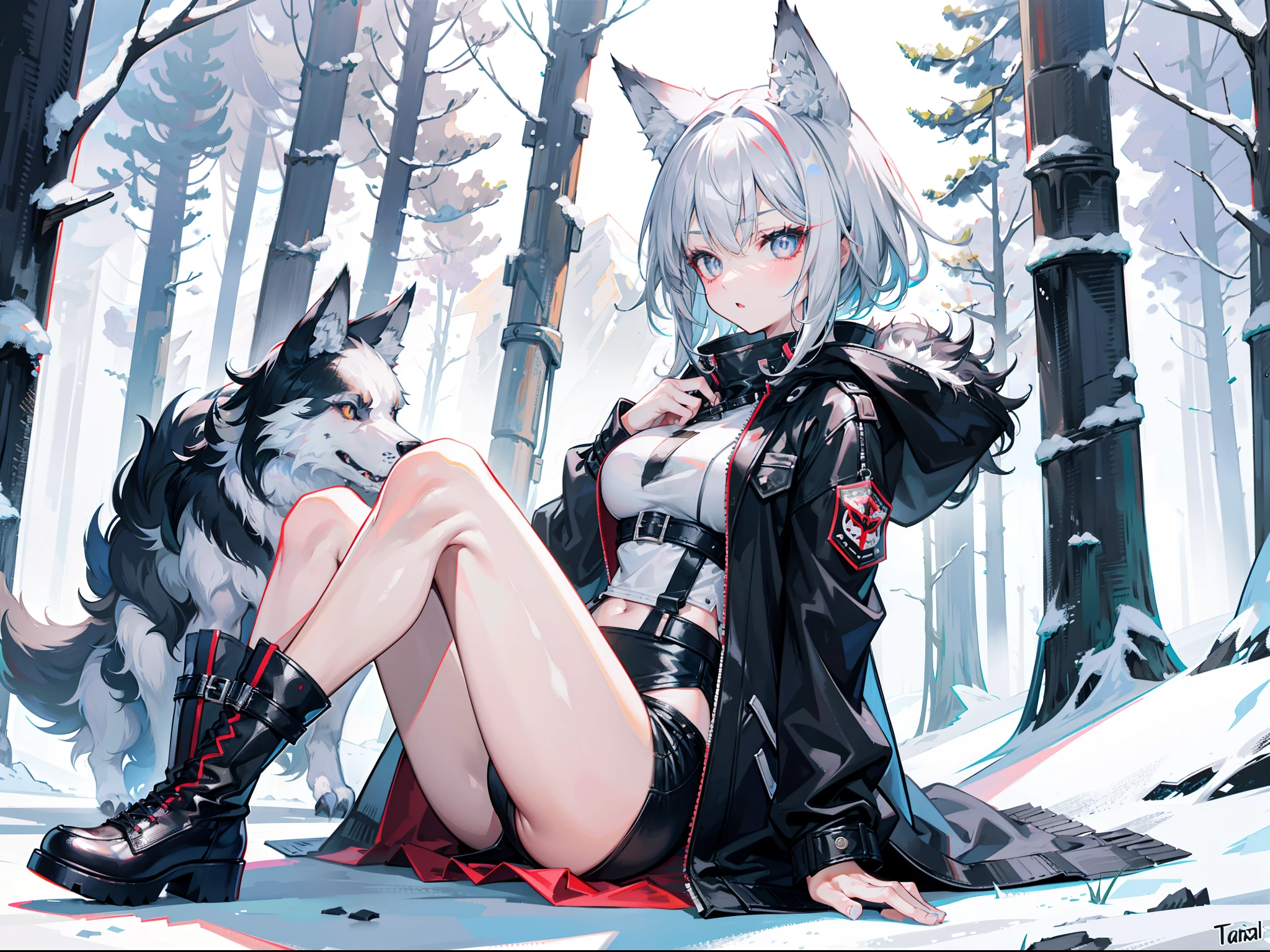 A beautiful girl with half gray hair and half black hair，Wolf ears，Wolf tail，Open your mouth to reveal wolf teeth，Black pupils，short detailed hair，Wears an animal skin coat with a cotton cap，Bare legged，Extra-long cotton boots，Stand in the icy mountains and forests，Best quality at best，tmasterpiece，Wolf maiden，Beast Girl，Spit on a breath，Full body photo，Tsundere expression，There are two big bad wolves around，one-girl