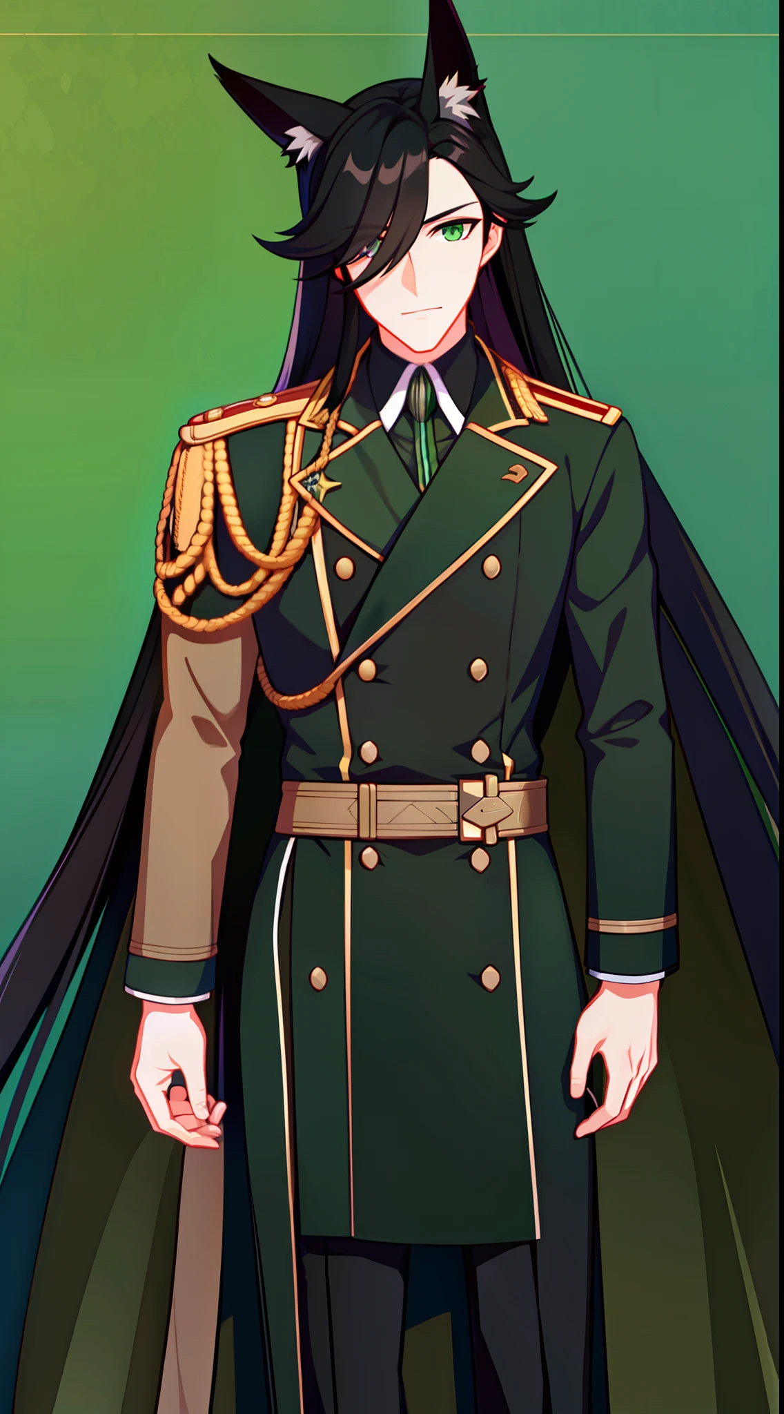 adult man, Long black hair, Fox ears, Green eyes, Black general's uniform, Masterpiece, hiquality
