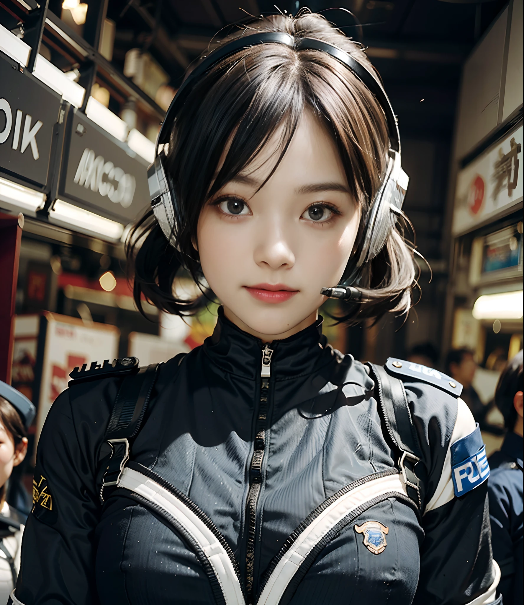 Highest image quality, outstanding details, ultra-high resolution, (realism: 1.4), ((face shot:1.5)), highly condensed 1girl, (perfect proportion, muscular:1.25, chubby:0.45), delicate and beautiful face, (wearing racing suit likes police uniform, black and gray mecha, wearing high-tech headset, military harness, holding a machinegun), peoples confusing, fires, smokes,