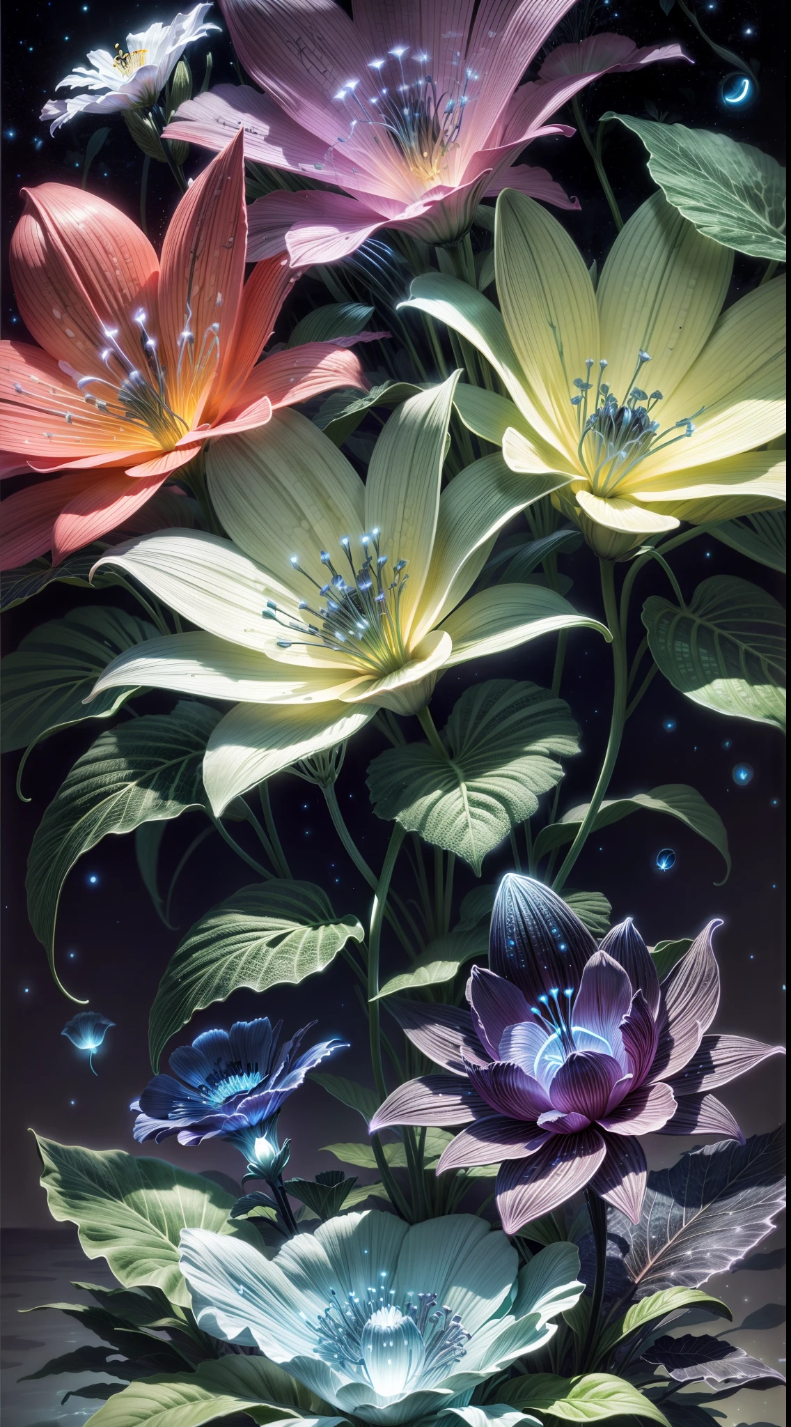 bioluminescence, flowers, night, sky