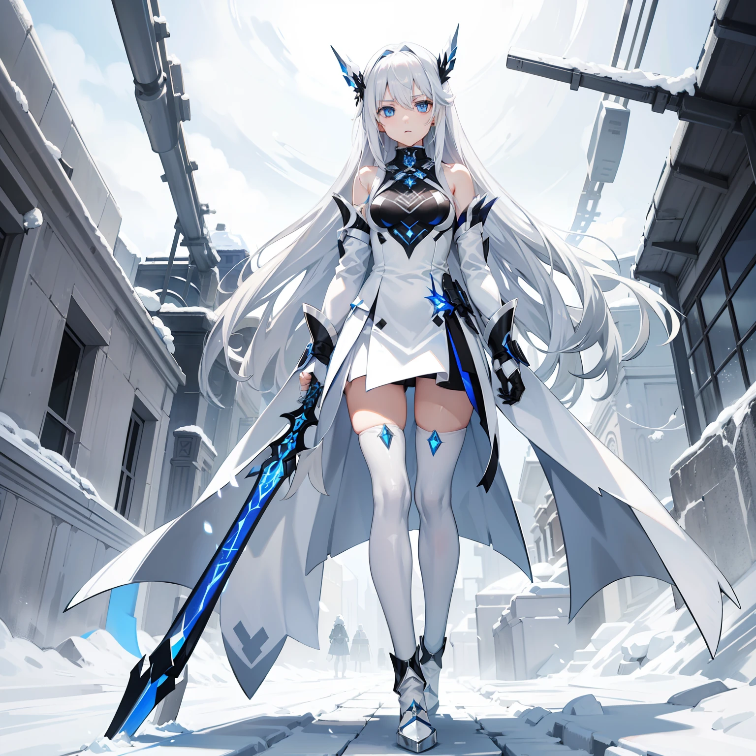 Long silver-white hair,Girl with crystal blue eyes,She wore a tights that looked like a combat suit,Places such as wrists and knees are hard armor,face expressionless,There are no emotions in the eyes,Icy cold,Light and dark background,A long white sword,