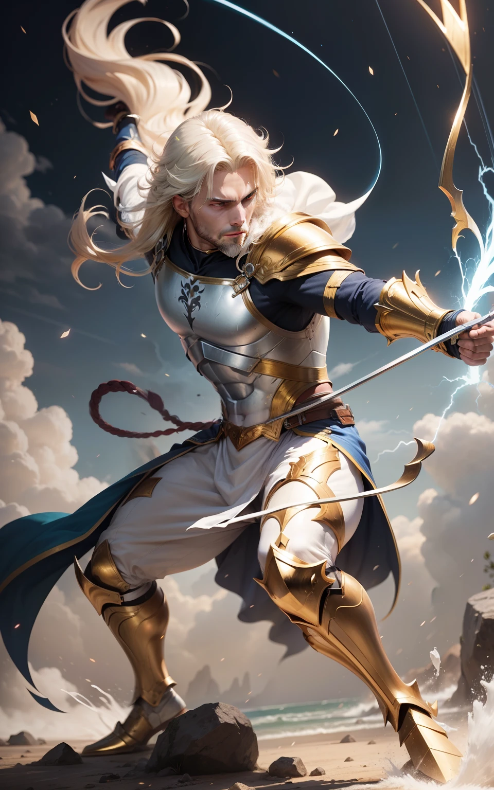 Man with bow Fantasy Action Armor Golden Hair Full Body White Blue Rays Action Background Add Golden Armor Improve Add Archer White Beast Lightning Effects, cabelo branco como a neve.