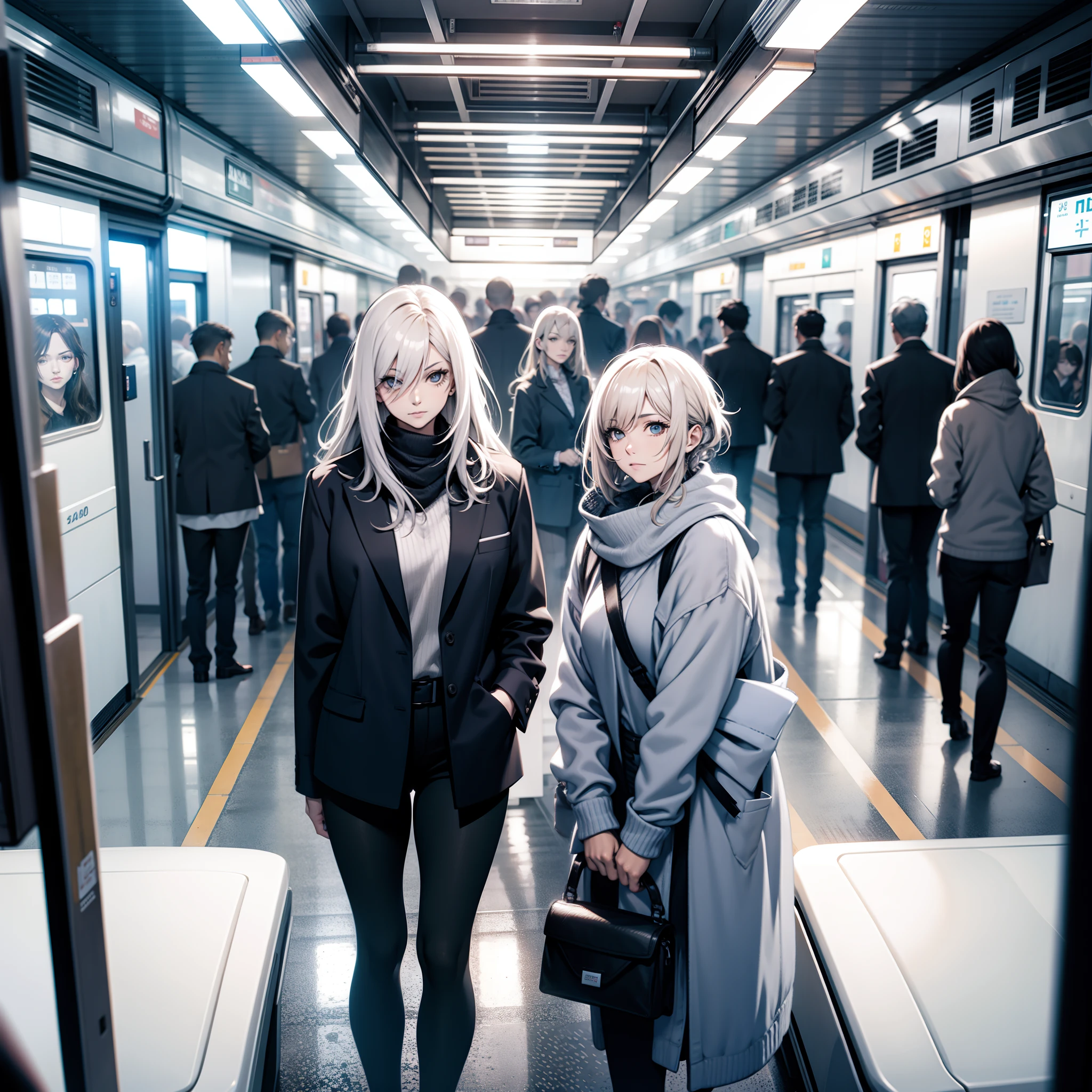 ((office lady on her commute::0.8)) ((looking slightly tired::0.7)) ((wearing a suit and heels::0.6)) ((standing in a crowded train::0.9)) ((crowded train interior::0.8)) ((overcast day::0.7)) ((morning rush hour::0.8)) ((contemporary urban setting::0.6)) ((realistic style::0.9)) ((photorealistic rendering::0.8)) ((eye level perspective::0.7)) ((high resolution::0.8)) ((monotone color scheme::0.7)) ((subdued saturation::0.6)) ((harsh white train lighting::0.8)) --ar 9:16 --no impersonal structure