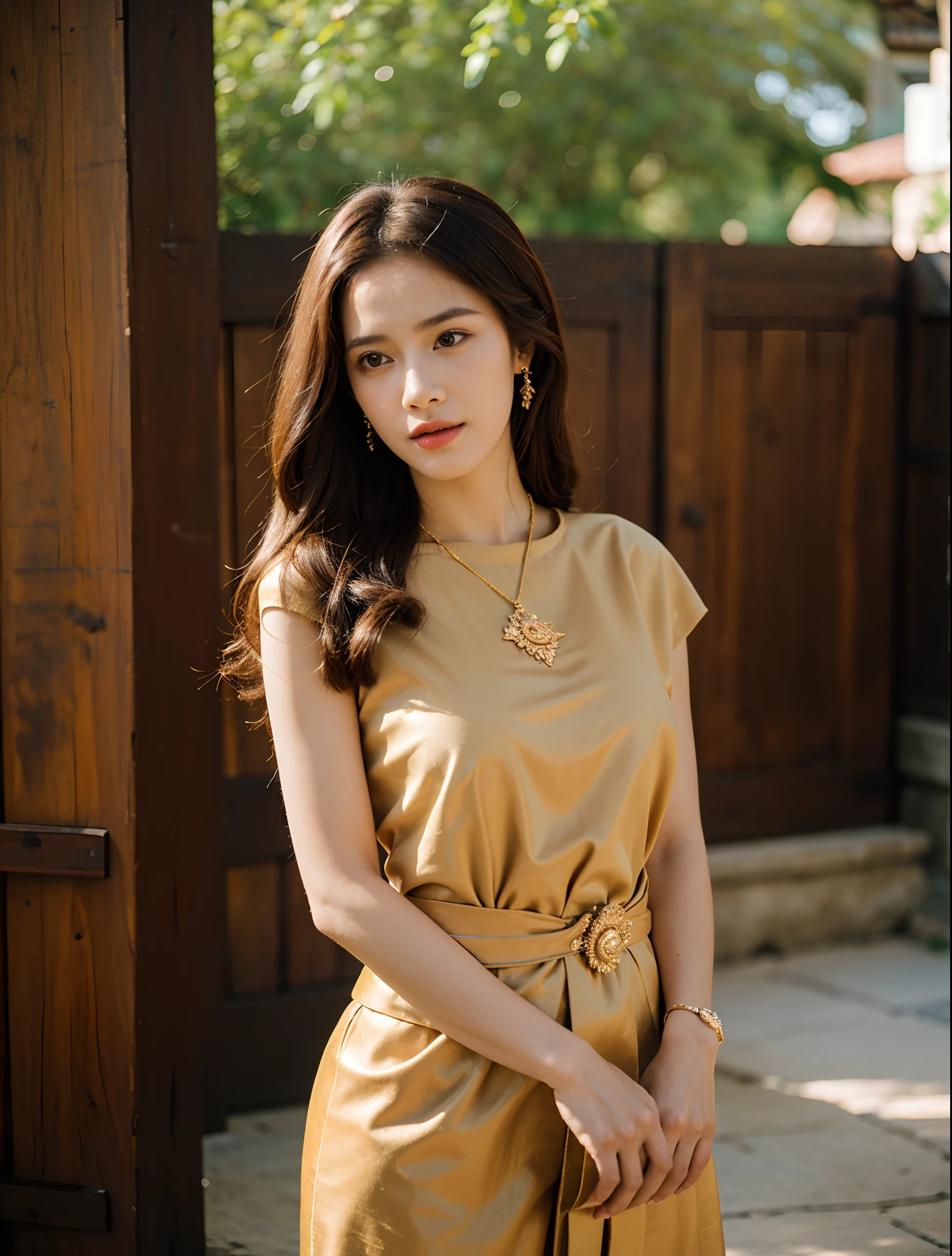 (8k,masterpiece,There's nothing wrong with it., Realistic :1.3), best quality, portrait , Realistic, face focus, 1 woman, brown long hair, Traditional Thai costume , ( comfortable:1.2), temple background, (breeze:1.2),(sun lighting:1.2)