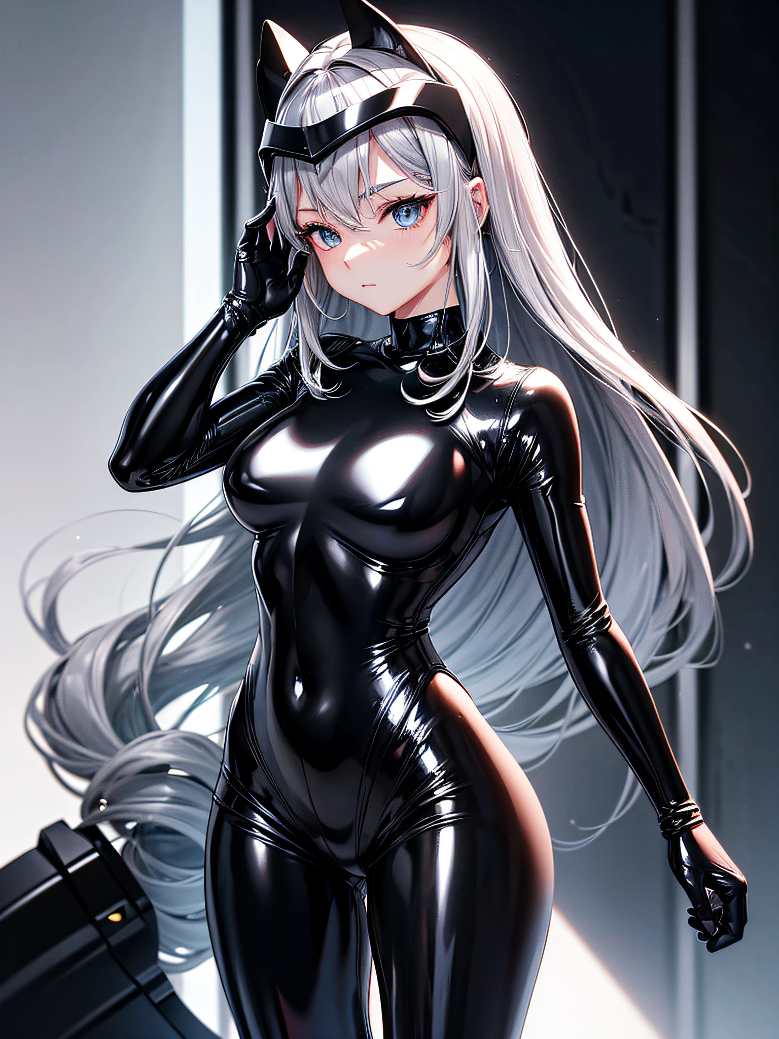 5 8K UHD、Silver-haired and small-nosed beauty in a black shiny black full-body rider suit wearing a black full-face helmet that covers the entire head is standing with her legs open facing the front、Wearing a shiny black latex slider suit with hidden skin、Shiny black latex slider suit、The upper part of the body