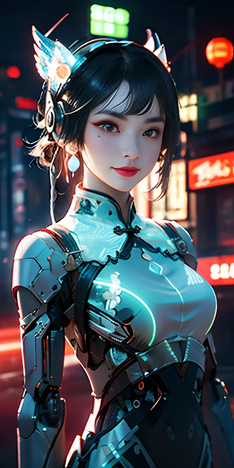 1 girl, Chinese_clothes, liquid silver and orange, cyberhan, cheongsam, cyberpunk city, dynamic pose, detailed luminous headphones, glowing hair accessories, long hair, glowing earrings, glowing necklace, cyberpunk, high-tech city, full of mechanical and futuristic elements, futuristic, technology, glowing neon, orange, orange light, transparent tulle, transparent streamers, laser, digital background urban sky, big moon, with vehicles, best quality, masterpiece, 8K, character edge light, Super high detail, high quality, the most beautiful woman in human beings, micro smile, face facing front and left and right symmetry, ear decoration, beautiful pupils, light effects, visual data, silver white hair, super detail facial texture