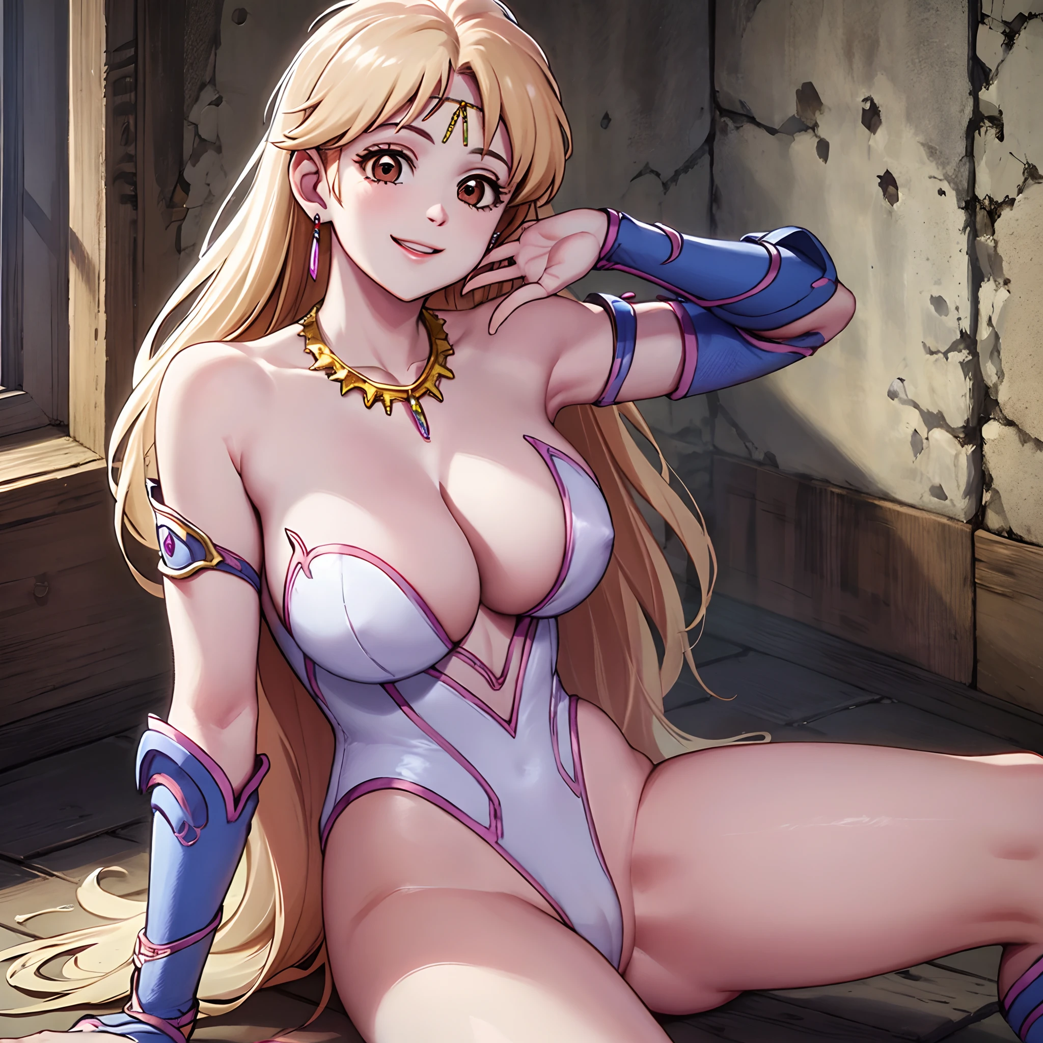 masterpiece, best quality, highest quality, (perfect illumination), (photorealistic), perfect anatomy, perfect face, perfect eyes, leonadq2020, 1girl, solo, blonde hair, long hair, brown eyes, jewelry, (ultra huge cleavage:1.95), leotard, (blonde hair:1.15, long hair, full nude:1.7, necklace), smile, sexy pose, knee boots, open legs,