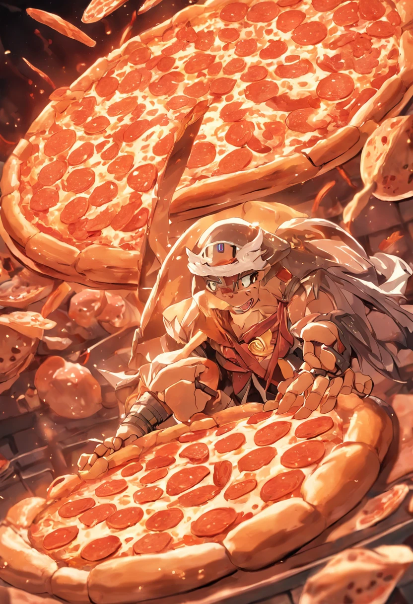 Ninja Turtle Michelangelo at a pizzeria, with his mouth full of pepperoni pizza, gazing at several other pepperoni pizzas on his table, as if this photo was taken by a Sony Alpha 7III.