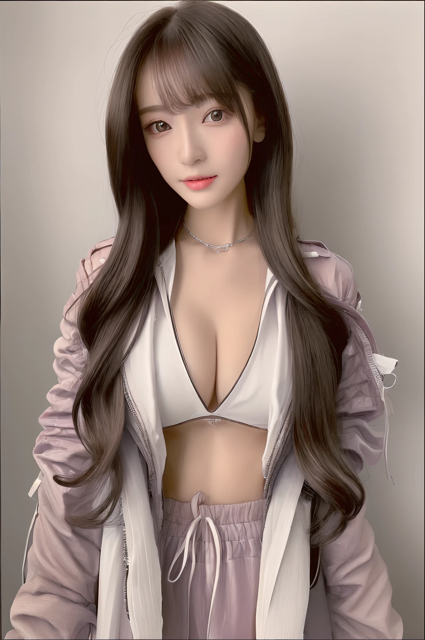 ((best qualtiy, 8K, tmasterpiece:1.3)), perfect figure beautiful woman, Protruding cleavage:1.5 , Harnes:1.5, A detailed eye, 二重まぶた，Whiten the skin，long whitr hair