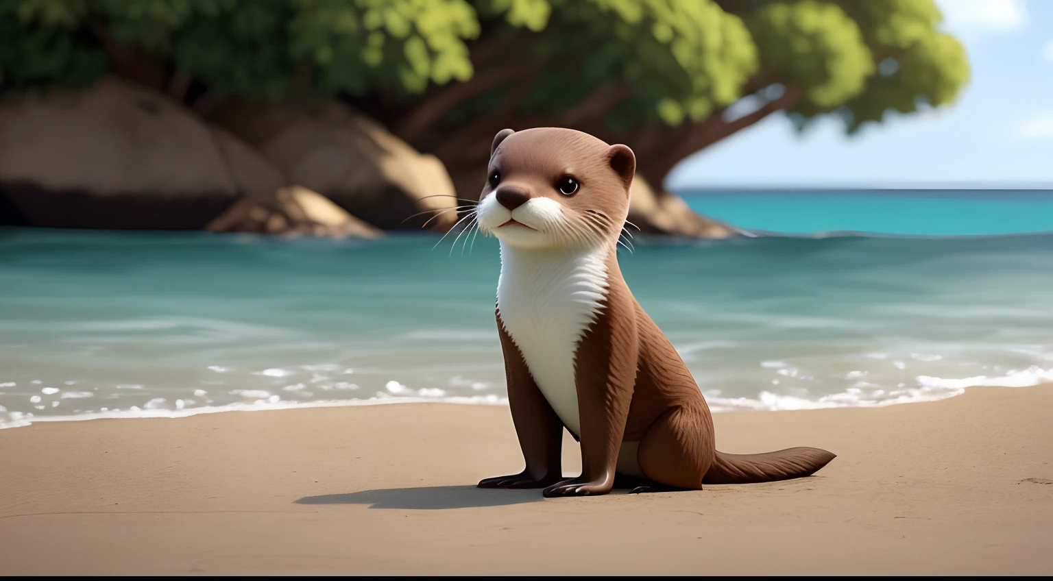 There's a cartoon otter sitting on the beach by the water's edge, painting digital adorable, lontra bonito, anthropomorphic furry otter, fantasia otter amor, Alexey Egorov, anthropomorphic otter in costume, arte digital detalhada bonito, bonito 3 d render, river otter dragon, por Marten Post, Castor caprichoso, inspirado em Marten Post