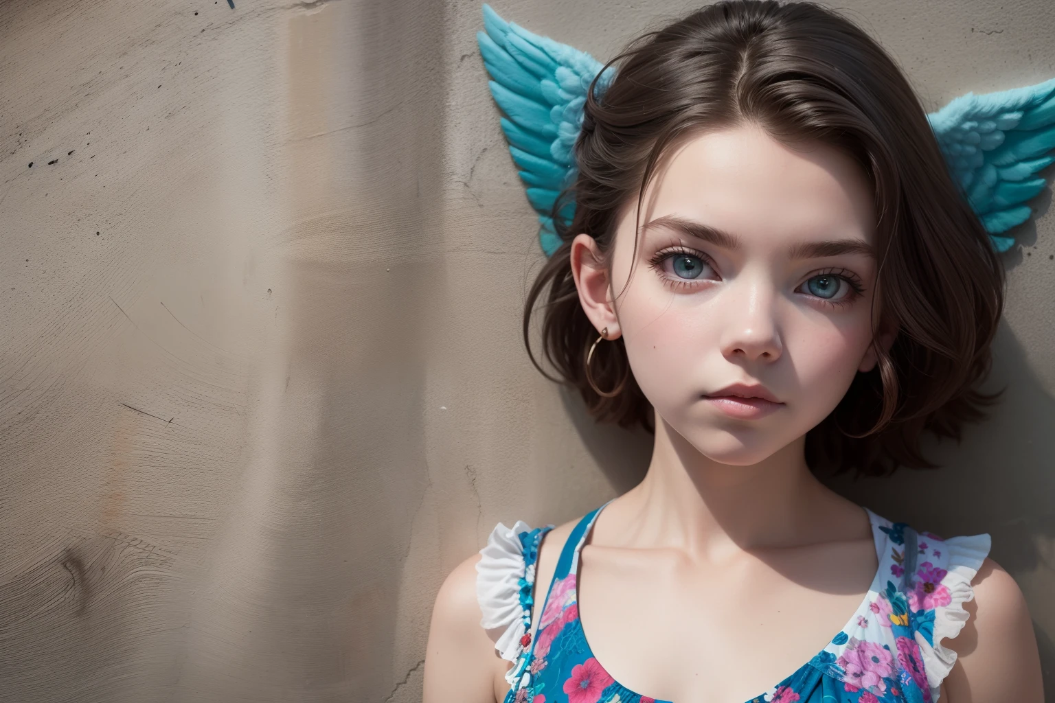 Bottom view. Detailed face. Anya Taylor-Joy. Graffiti. Angel, dressed, in the style of childlike innocence and charm, floral surrealism, street style realism, dark sky - blue and light brown --auto --s2