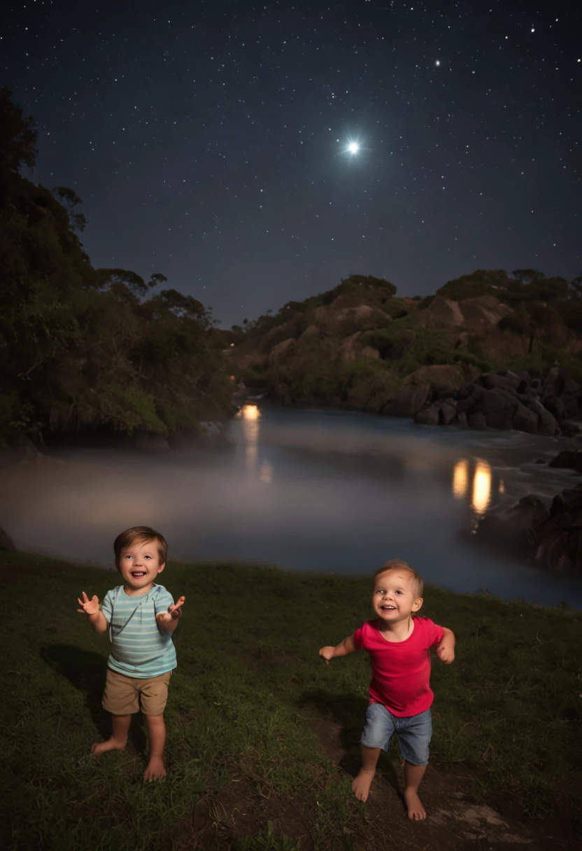 "Crie uma imagem com uma atmosfera encantadora e infantil. Na imagem, inclua dois personagens, um chamado Lucas e o outro chamado Greg, both exploring a night scene full of wonders. Add a starry sky with smiling stars, and put a friendly moon watching the scene with an affectionate look. Ademais, Insert a translucent spirit, Friendly and bright appearance, as a magical guide on the characters' nightly journey. Use a palette of soft and vibrant colors to create a cheerful and magical environment, Perfectly suitable for children. Let your creativity flow and capture the sense of adventure and mystery.