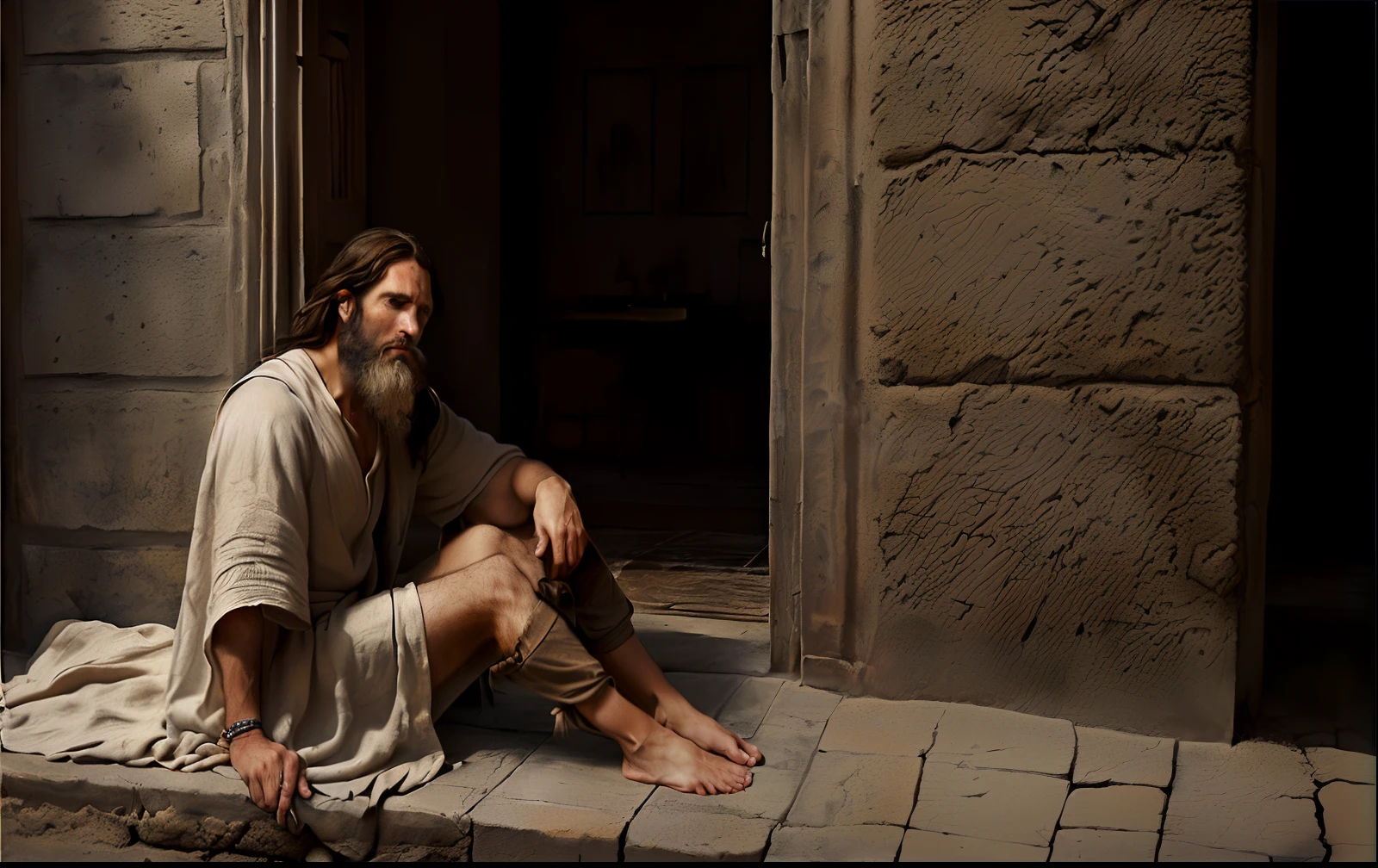 Man sitting on the floor, Greg Olsen, Alexey Egorov, Directed by: Artur Tarnowski, filme ainda 8K, foto de retrato de pintura fosca, jesus of nazareth, Filme 8K ainda, filme fotorrealista ainda, Vestido como Jesus Cristo, filme muito realista ainda, Homem de Roma Antiga, Nicodemos