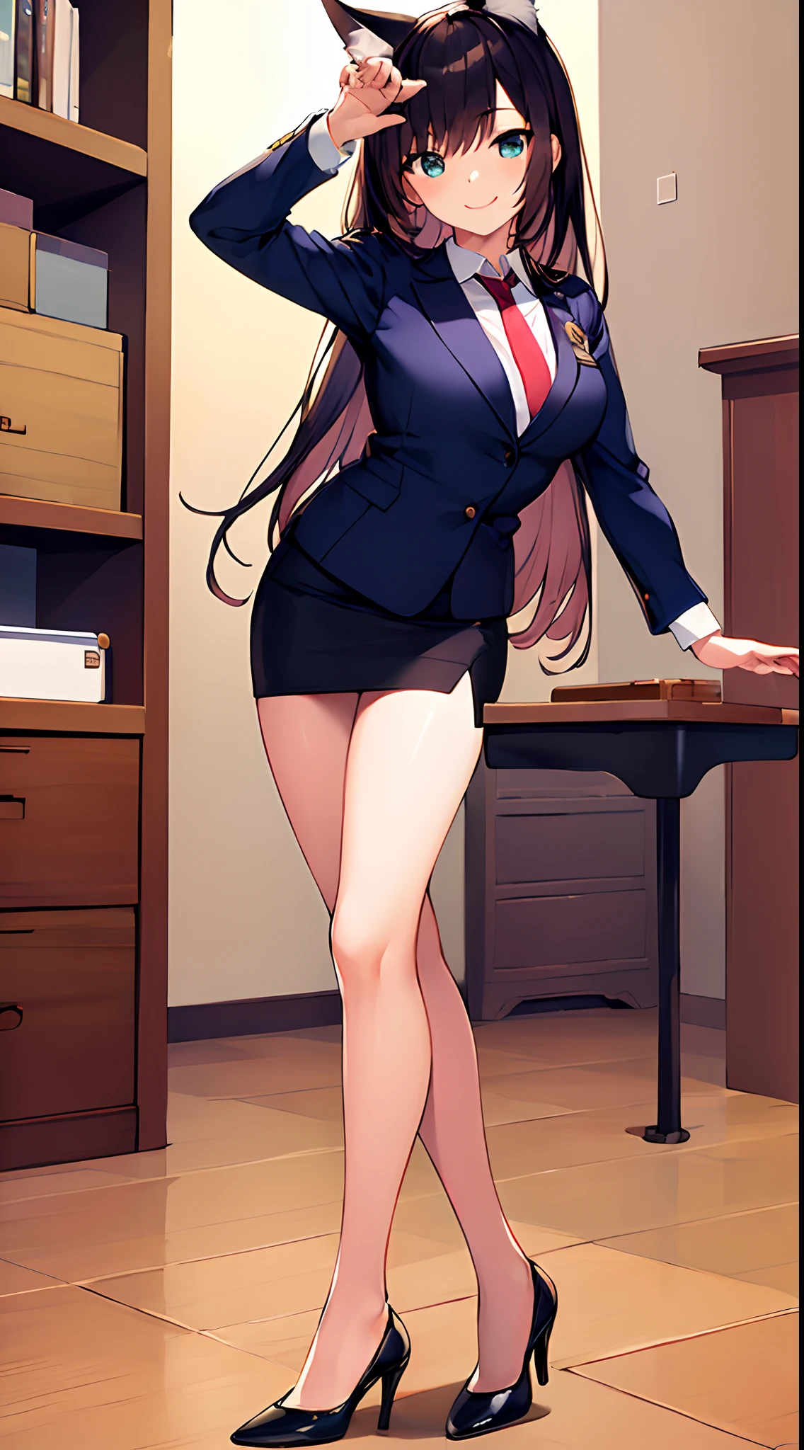 (masterpiece, best quality:1.1, screencap), 1girl, solo, smile, catgirl, fur, looking at viewer, standing, skirt suit, blazer, necktie, white undershirt, pencil skirt, bare legs, high heels, office, posing