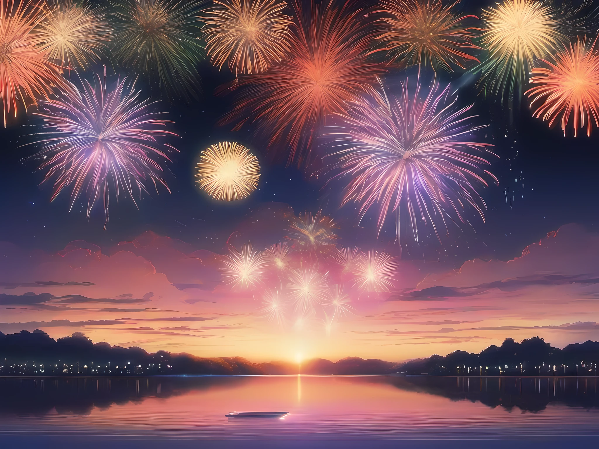 Ultra Detail,High quality,Panoramic landscape、Landscape Black Sky、mont々Large fireworks are set off all at once over the lake surrounded by。Big flowers in the sky、Symmetry of fireworks in the sky and reflection of the lake。heavy outline, clear outlines, Lots of colorful fireworks,nigh sky,Fireworks Festival,,Shinkai Makoto night sky,,Fireworks focus、Makoto Shinkai Sky,Mamoru Hosono,map,