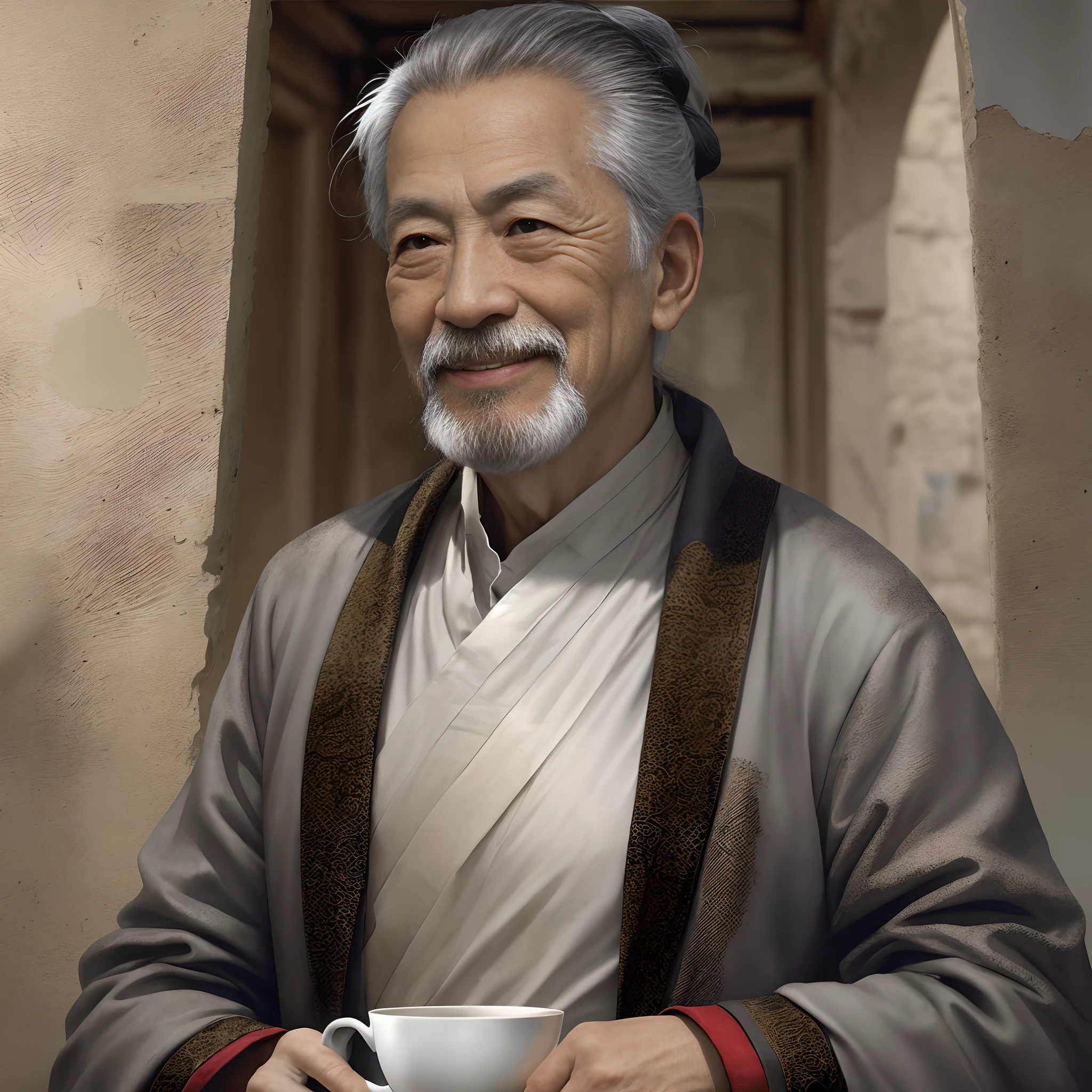 A gray-haired twilight old man,A kind smile,With a beard,Teacup in hand,asian man,realisticlying,Ancient general hairstyle,Ancient literati,Face the lens,Three View,orthofacial,Front view,photorealestic