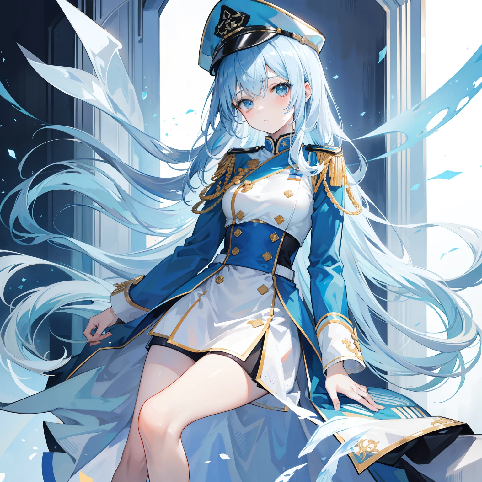 Long pale blue hair with a transparent texture,Light blue and white military uniform,A standard good-looking girl