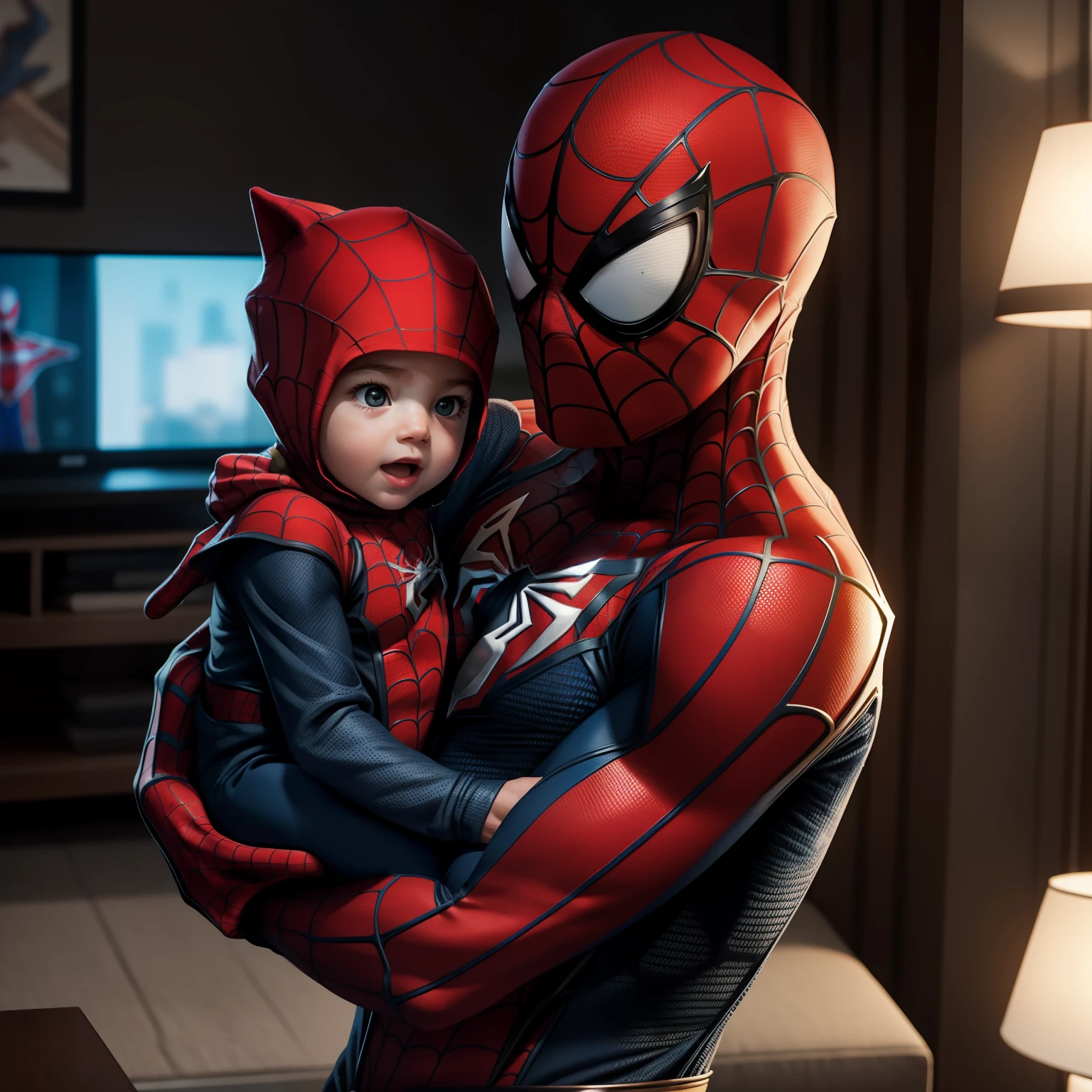Create an image depicting a heartwarming scene of Spider-Man with a . Depict Spider-Man in a gentle and caring pose, cradling the baby in his arms. The art style should prioritize realism, capturing the details of Spider-Man's suit, his facial expression, and the innocence of the baby. Dress Spider-Man in his iconic suit, showcasing his superhero identity while also conveying his nurturing side. Place them in a safe and cozy environment, such as a warm living room or a peaceful park, to evoke a sense of comfort and security. Utilize soft and warm lighting to enhance the emotional atmosphere and convey the tenderness of the moment. The camera angle should be close-up, focusing on Spider-Man's face and the baby's features. Opt for a 135mm+ camera lens to capture the emotions with intricate detail. Render the image in high resolution to capture the warmth and intimacy of the scene.