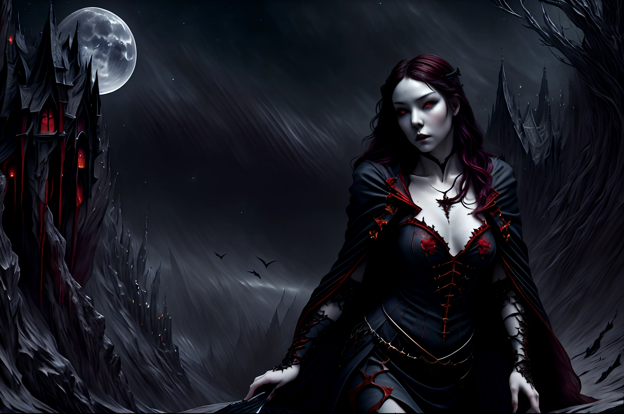 a picture of an exquisite beautiful female vampire standing under the starry night sky on the porch of her castle, dynamic angle (ultra detailed, Masterpiece, best quality), ultra detailed face (ultra detailed, Masterpiece, best quality: 1.4), ultra feminine, grey skin, red hair, wavy hair, dynamic eyes color, cold eyes, glowing eyes, intense eyes, dark red lips, [fangs], wearing white dress (ultra detailed, Masterpiece, best quality: 1.5), wearing blue cloak (ultra detailed, Masterpiece, best quality), long cloak, flowing cloak (ultra detailed, Masterpiece, best quality), wearing high heeled boots, wearing blood colored crystals gem00d, sky full of stars background, fantasy_night, moon, bats flying about (high details, best quality, 8k, [ultra detailed], masterpiece, best quality, (ultra detailed), full body, ultra wide shot, photorealism, dark fantasy art, dark fantasy art, gothic art, many stars, dark fantasy art, gothic art, sense of dread,