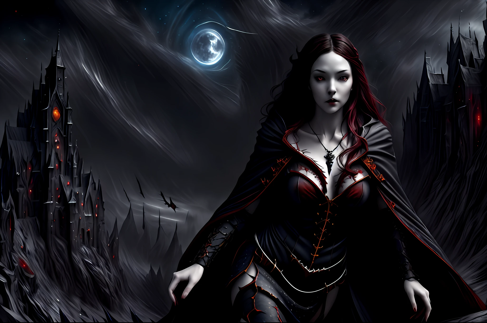 a picture of an exquisite beautiful female vampire standing under the starry night sky on the porch of her castle, dynamic angle (ultra detailed, Masterpiece, best quality), ultra detailed face (ultra detailed, Masterpiece, best quality: 1.4), ultra feminine, grey skin, red hair, wavy hair, dynamic eyes color, cold eyes, glowing eyes, intense eyes, dark red lips, [fangs], wearing white dress (ultra detailed, Masterpiece, best quality: 1.5), wearing blue cloak (ultra detailed, Masterpiece, best quality), long cloak, flowing cloak (ultra detailed, Masterpiece, best quality), wearing high heeled boots, wearing blood colored crystals gem00d, sky full of stars background, fantasy_night, moon, bats flying about (high details, best quality, 8k, [ultra detailed], masterpiece, best quality, (ultra detailed), full body, ultra wide shot, photorealism, dark fantasy art, dark fantasy art, gothic art, many stars, dark fantasy art, gothic art, sense of dread,