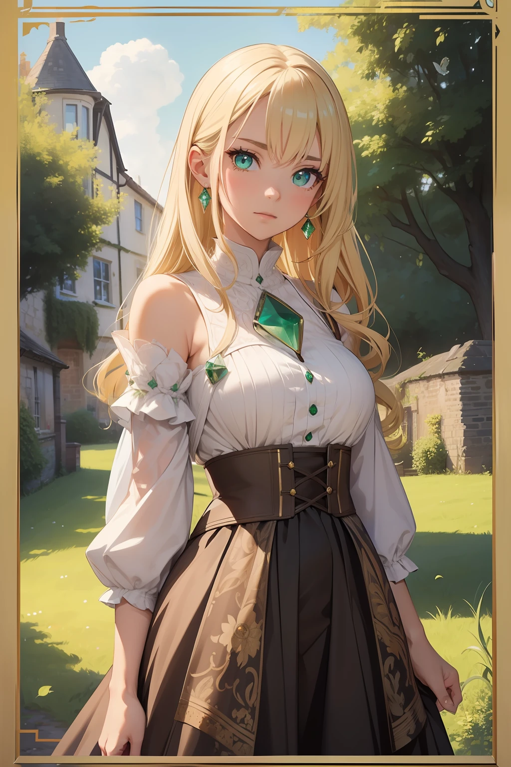 (Best quality), (masterpiece), (ultra detail), (movie poster), A cute girl, highly detailed face, determined face, green crystal eyes, blond hair, full body, in the country side village in England like Cotswold