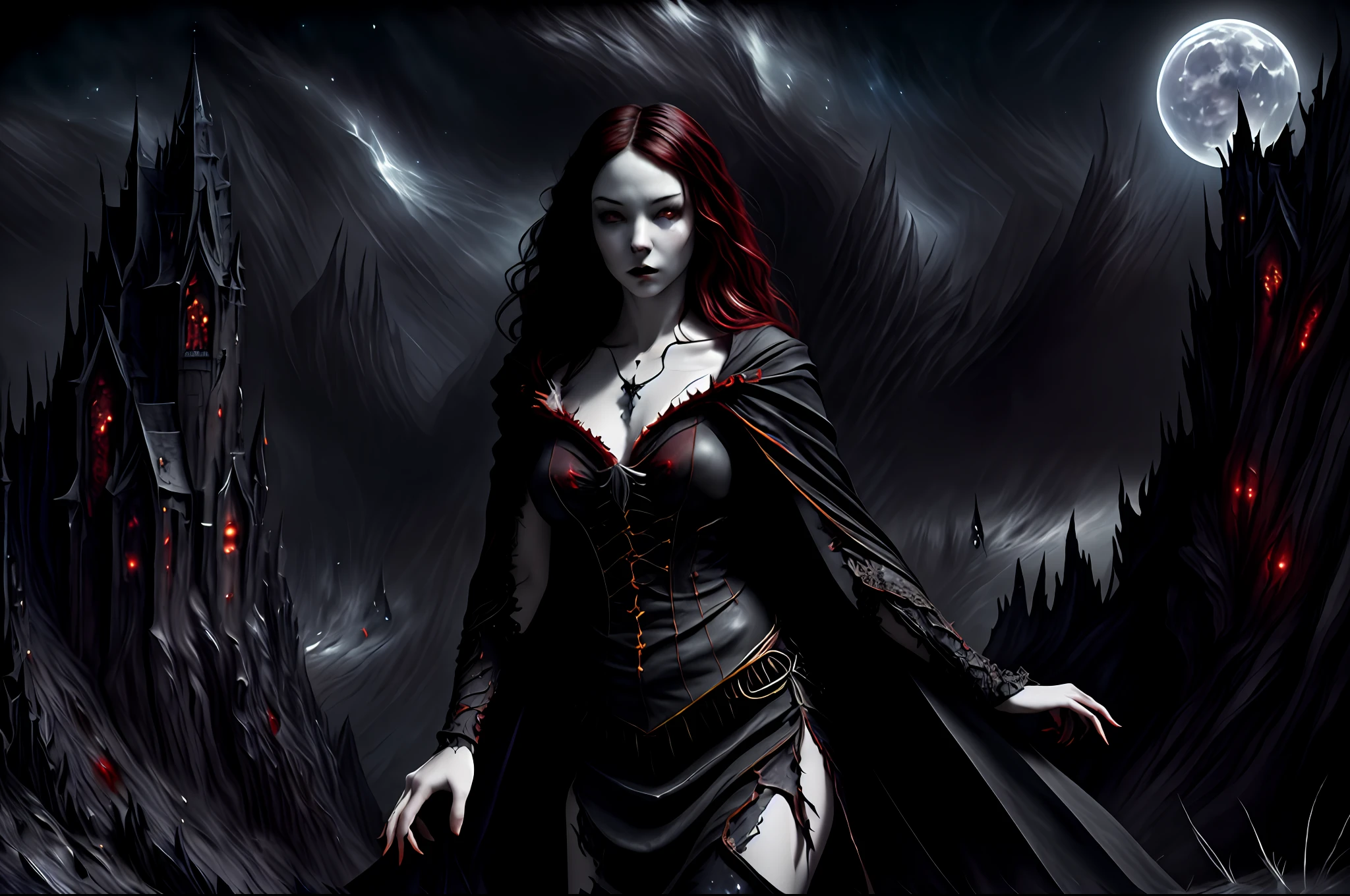 a picture of an exquisite beautiful female vampire standing under the starry night sky on the porch of her castle, dynamic angle (ultra detailed, Masterpiece, best quality), ultra detailed face (ultra detailed, Masterpiece, best quality: 1.4), ultra feminine, grey skin, red hair, wavy hair, dynamic eyes color, cold eyes, glowing eyes, intense eyes, dark red lips, [fangs], wearing white dress (ultra detailed, Masterpiece, best quality: 1.5), wearing blue cloak (ultra detailed, Masterpiece, best quality), long cloak, flowing cloak (ultra detailed, Masterpiece, best quality), wearing high heeled boots, wearing blood colored crystals gem00d, sky full of stars background, fantasy_night, moon, bats flying about (high details, best quality, 8k, [ultra detailed], masterpiece, best quality, (ultra detailed), full body, ultra wide shot, photorealism, dark fantasy art, dark fantasy art, gothic art, many stars, dark fantasy art, gothic art, sense of dread,