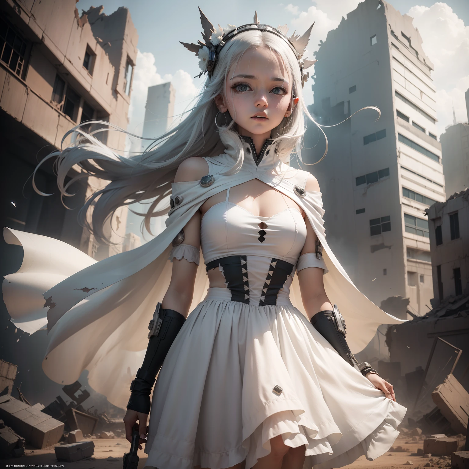 Gray white desert ruins, petite maiden wearing white religious clothing, standing in the middle of the wreckage, soft cyberpunk style, her clothes like broken ghost costumes, cyberpunk dresses, futuristic clothes, white tattered cape fluttering in the wind, elegant movie pose, movie goddess lens, with characters as the core, looking squarely.