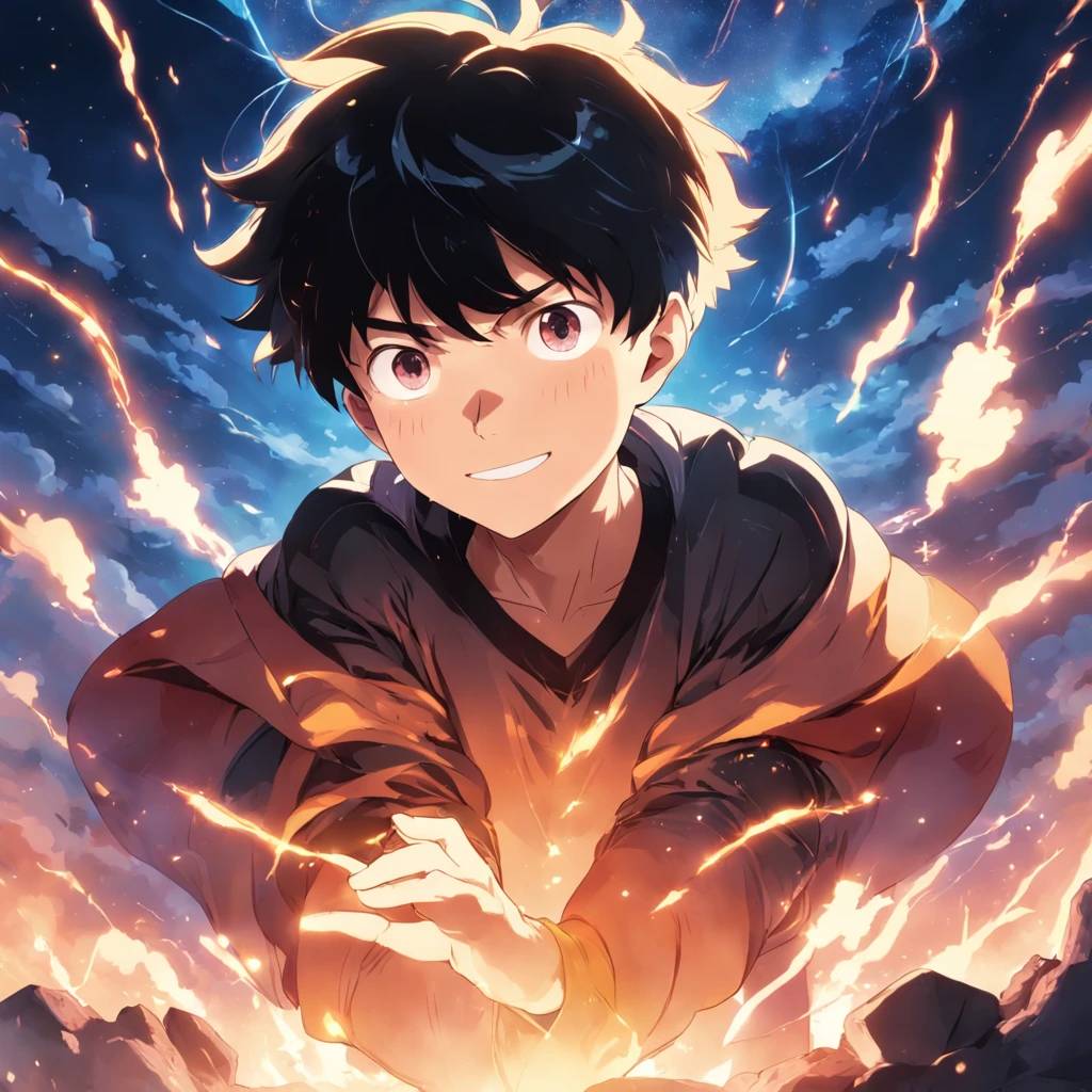 masterpiece, best quality, movie still, 1boy, cloud boy, floating in the sky, close-up, bright, happy, warm soft lighting, sunset, (sparks:0.7), (AS-Young:1.7), (1boy:1.8), (male focus:1.2), (cute:1.7) Shigeo Kageyama, Mob Psycho, looking at viewer, sitting down, smiling