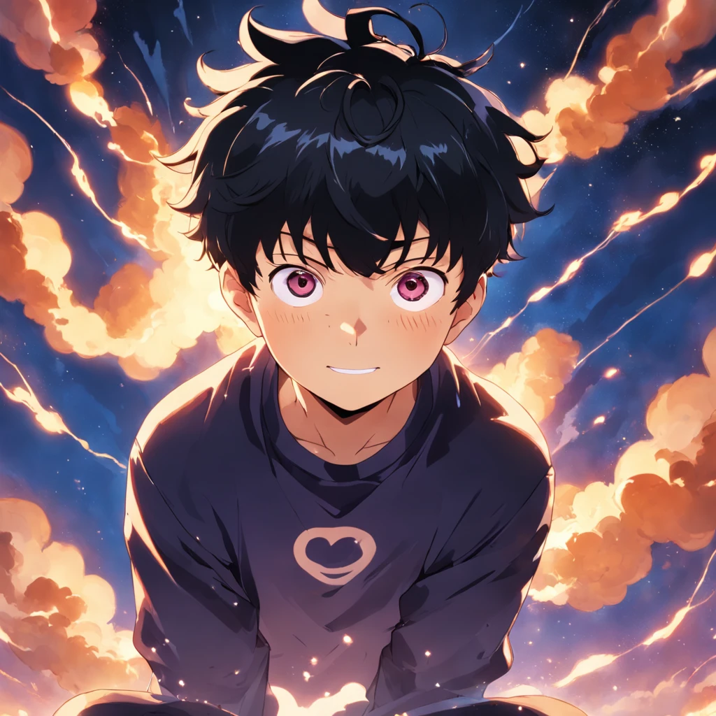 masterpiece, best quality, movie still, 1boy, cloud boy, floating in the sky, close-up, bright, happy, warm soft lighting, sunset, (sparks:0.7), (AS-Young:1.7), (1boy:1.8), (male focus:1.2), (cute:1.7) Shigeo Kageyama, Mob Psycho, looking at viewer, sitting down, smiling