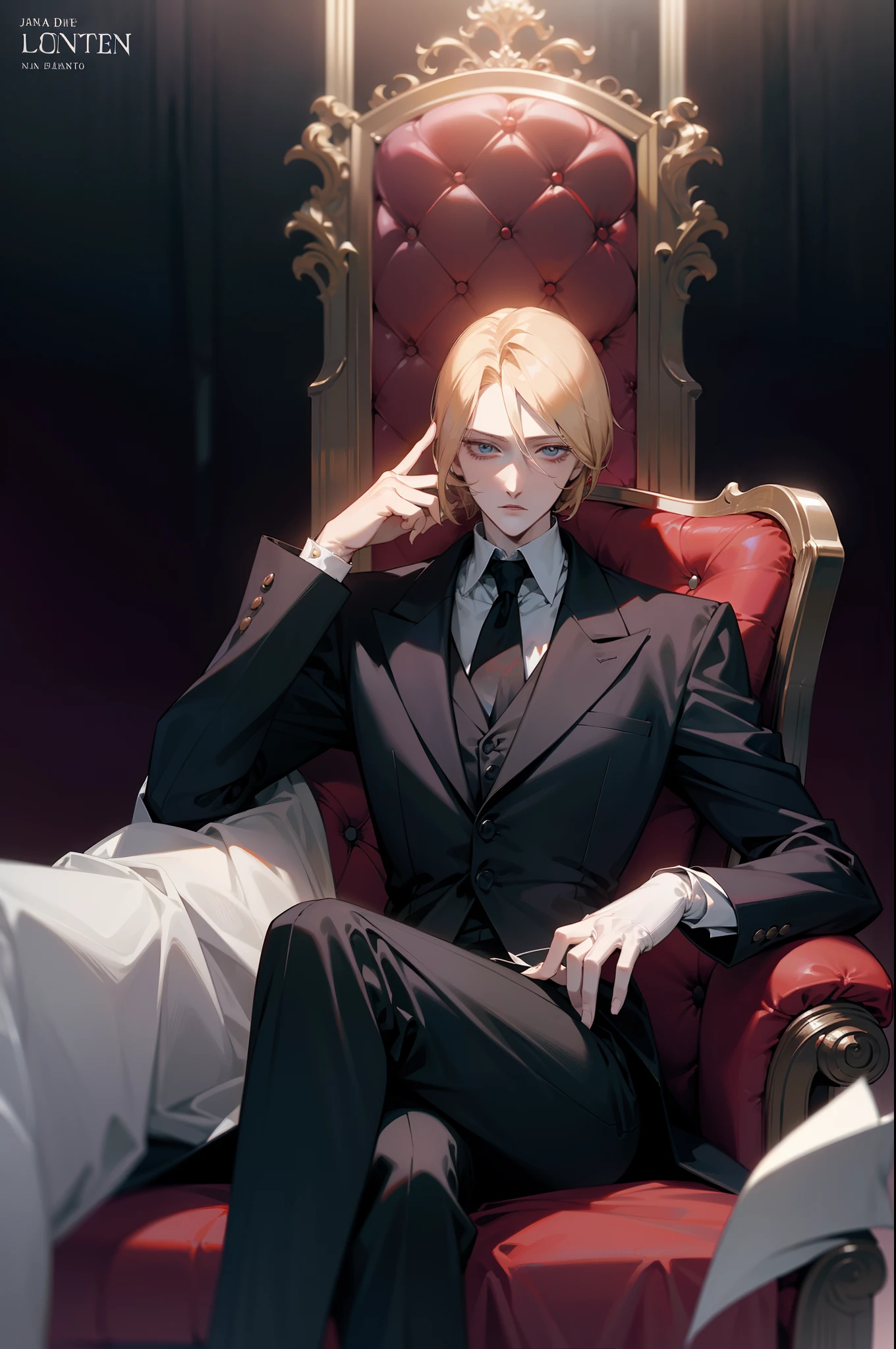 anime character sitting on a throne with a caption saying give me your phone, in a anime masterpiece, johan liebert mixed with alucard, death note style, in an anime, with index finger, death note, johan liebert mixed with dante, alucard, death note , d & d, in the anime film, looking at his phone, as an anime character