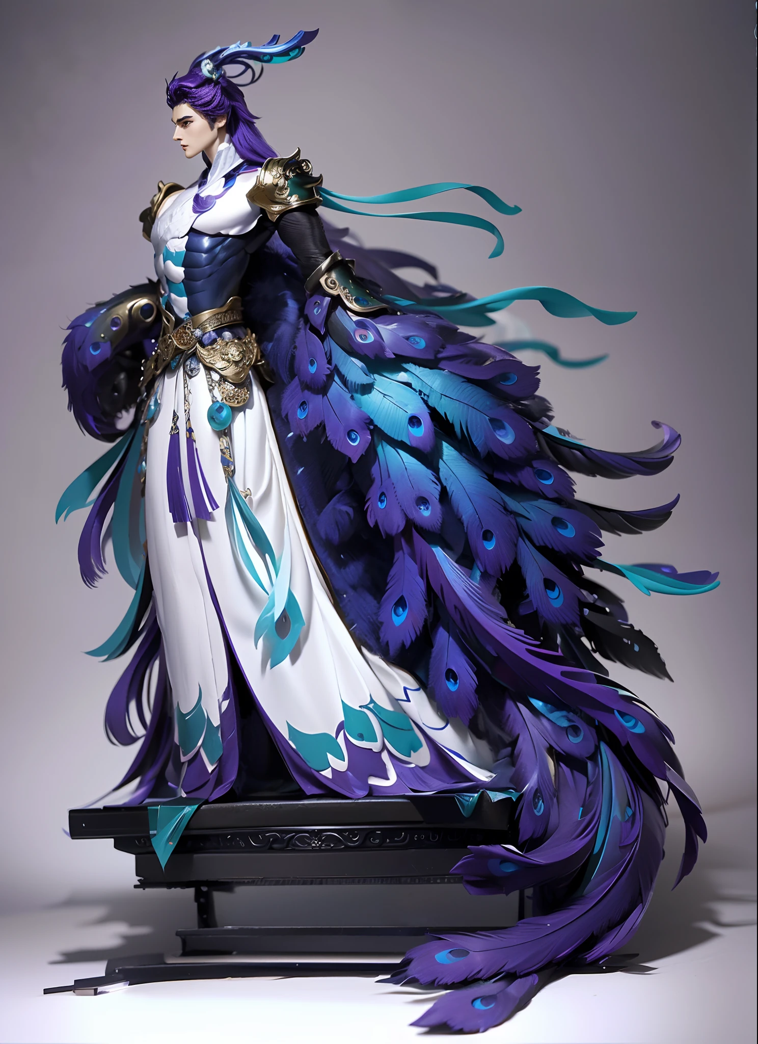 Sculpture design,Figures,GK model,The whole body of the character,(Expose the pectoralis major abs)base,sexy for,Peacock feathers,blue colors,purpleish color,green color,white colors,Handsome,Expose muscles,base,Wu Yifan,musculous,Delicate and sophisticated