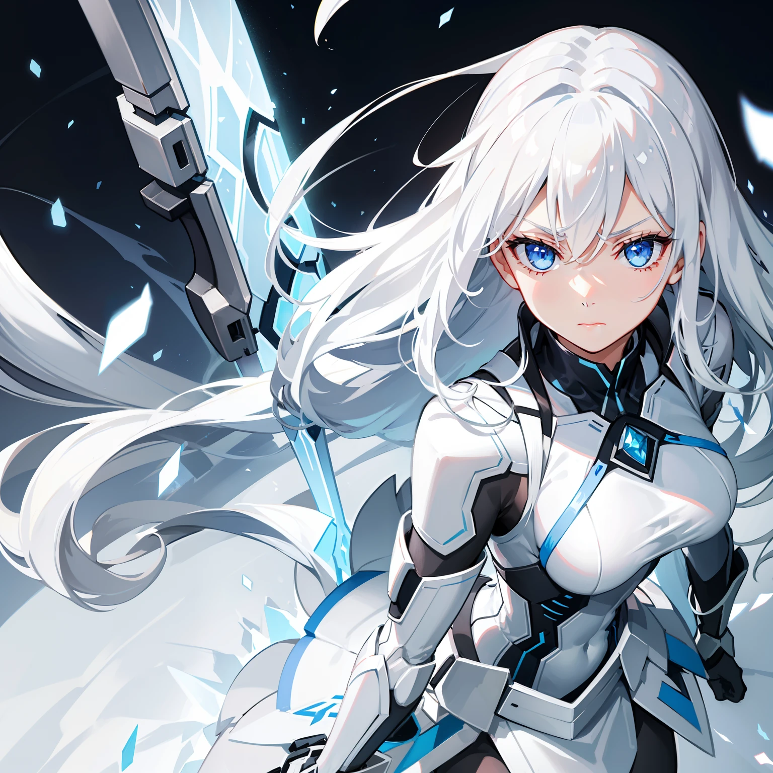 Long silver-white hair，Girl with crystal blue eyes，She wore a tights that looked like a combat suit，Places such as wrists and knees are hard armor，face expressionless，There are no emotions in the eyes，Icy expression，Light and dark background，A long white sword，Machine-like weapons，Clothes with a sense of machine in the future