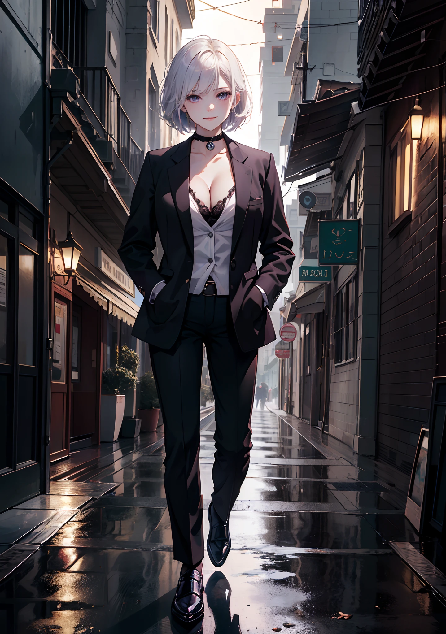 (masterpiece, best quality:1.2), cowboy shot, solo, 1girl, white hair, short wavy hair, purple eyes, average breasts, slender body, light smile, looking at viewer, hand in pockets, formal, suit, (braless), cleavage, black pants, choker, cityscape scenery, street, night light, night time, hand holding cigarette, smoking cigarette,