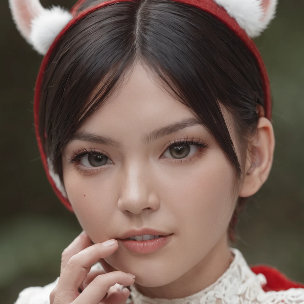 black hair, hair bobbles, wince, longeyelashes, solid circle eyes, fake animal ears, light smile, ear blush, fang, Surrealism, drop shadow, anaglyph, stereogram, tachi-e, pov, atmospheric perspective, 8k, super detail, ccurate, best quality, high details