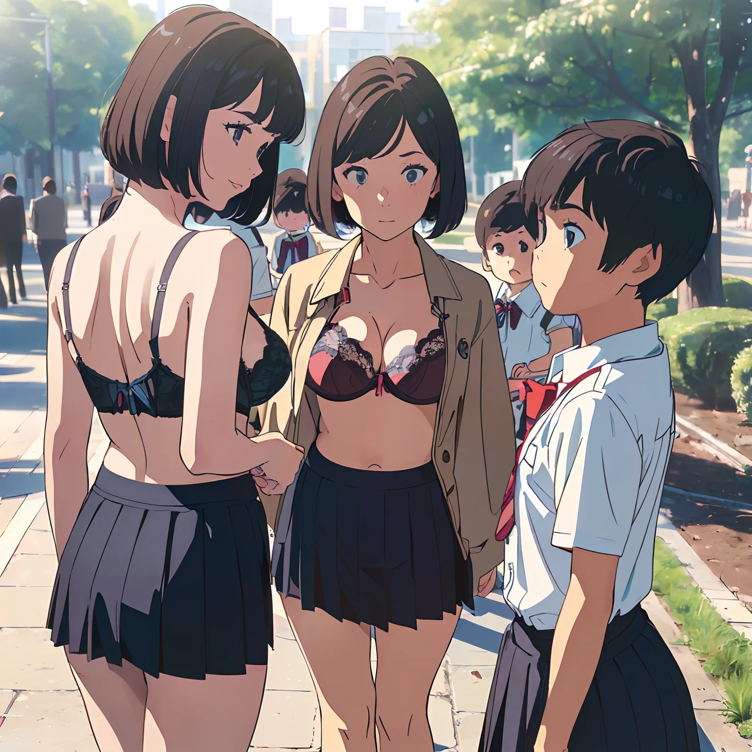 (((((incredibly ridiculous)))), ((absurd)), anime style, (one adult female teacher and three little boys),standing together in the park,one female teacher and three male elementary school students together,(((Female teacher in lingerie))), three schoolboys in casual dress style, (((panthe)),( (bra)), lingerie, three schoolboys dressed casually, (3boys, kindergarten student:1.3),, kindergarten teacher, kindergarten, bra, panties, (large buttocks:1.2),bob cut, natural lighting,( Female teachers do not wear skirts),(Female teachers do not wear blouses),