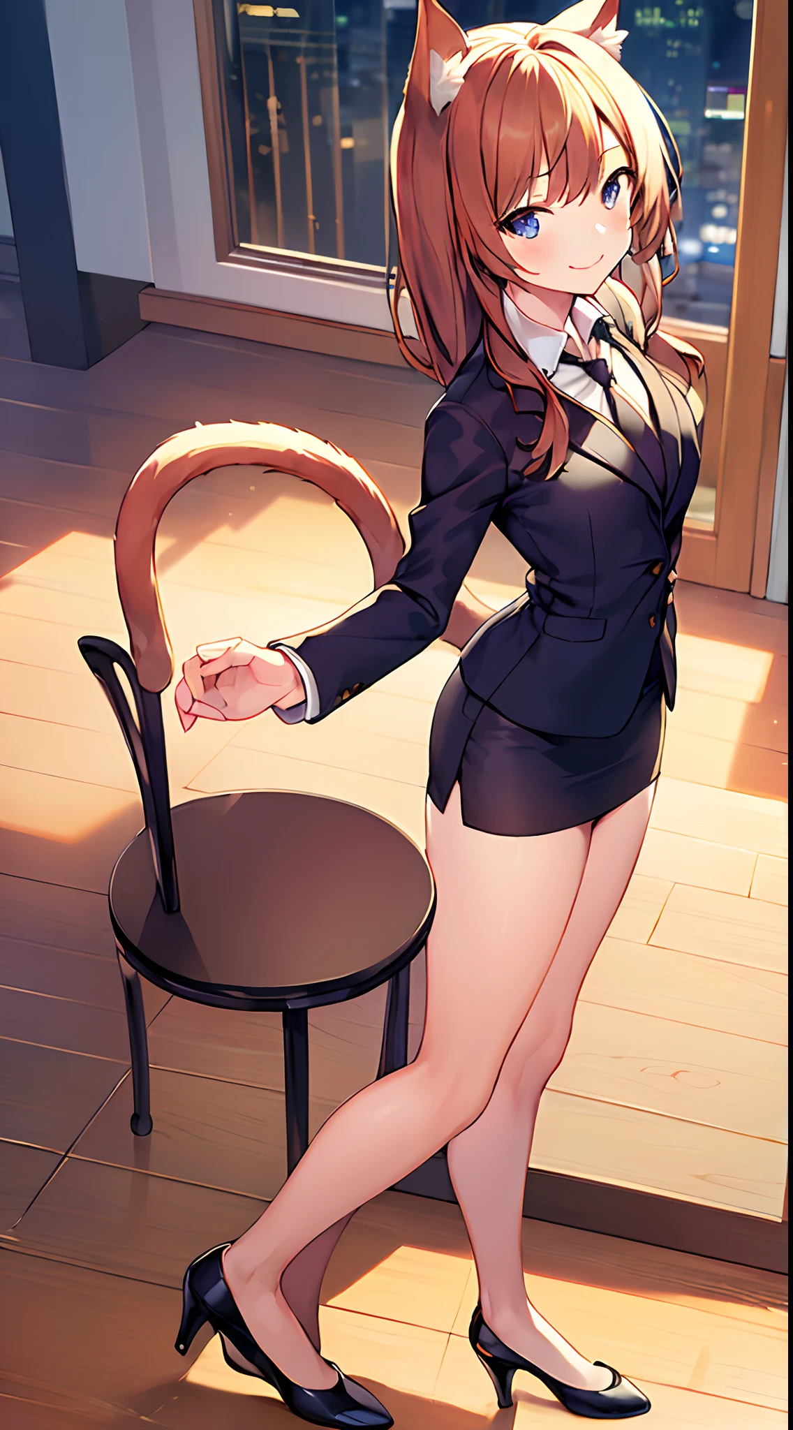 (masterpiece, best quality:1.1, screencap), 1girl, solo, smile, catgirl, furry body, cat ears, cat tail, looking at viewer, standing, skirt suit, blazer, necktie, white undershirt, pencil skirt, bare legs, high heels, office, posing