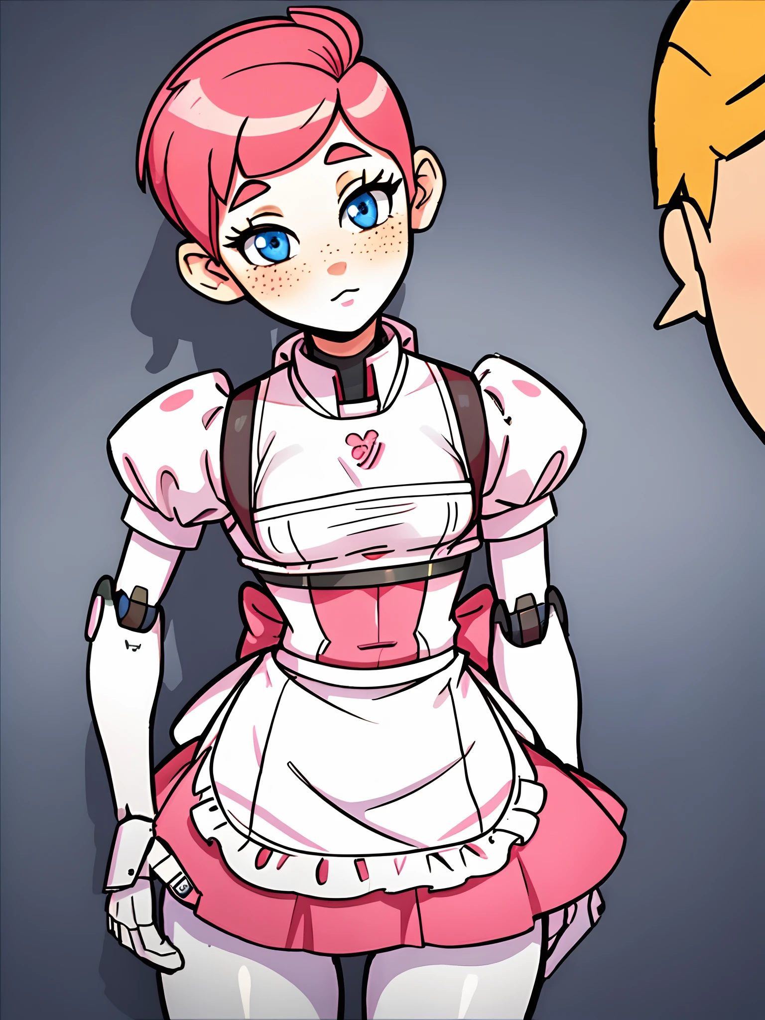 a closeup portrait of a playful robot maid, undercut hair, apron, good body, pronounced feminine feature, kitchen, [ash blonde | ginger | pink hair], freckles, flirting with camera, (small boobs)