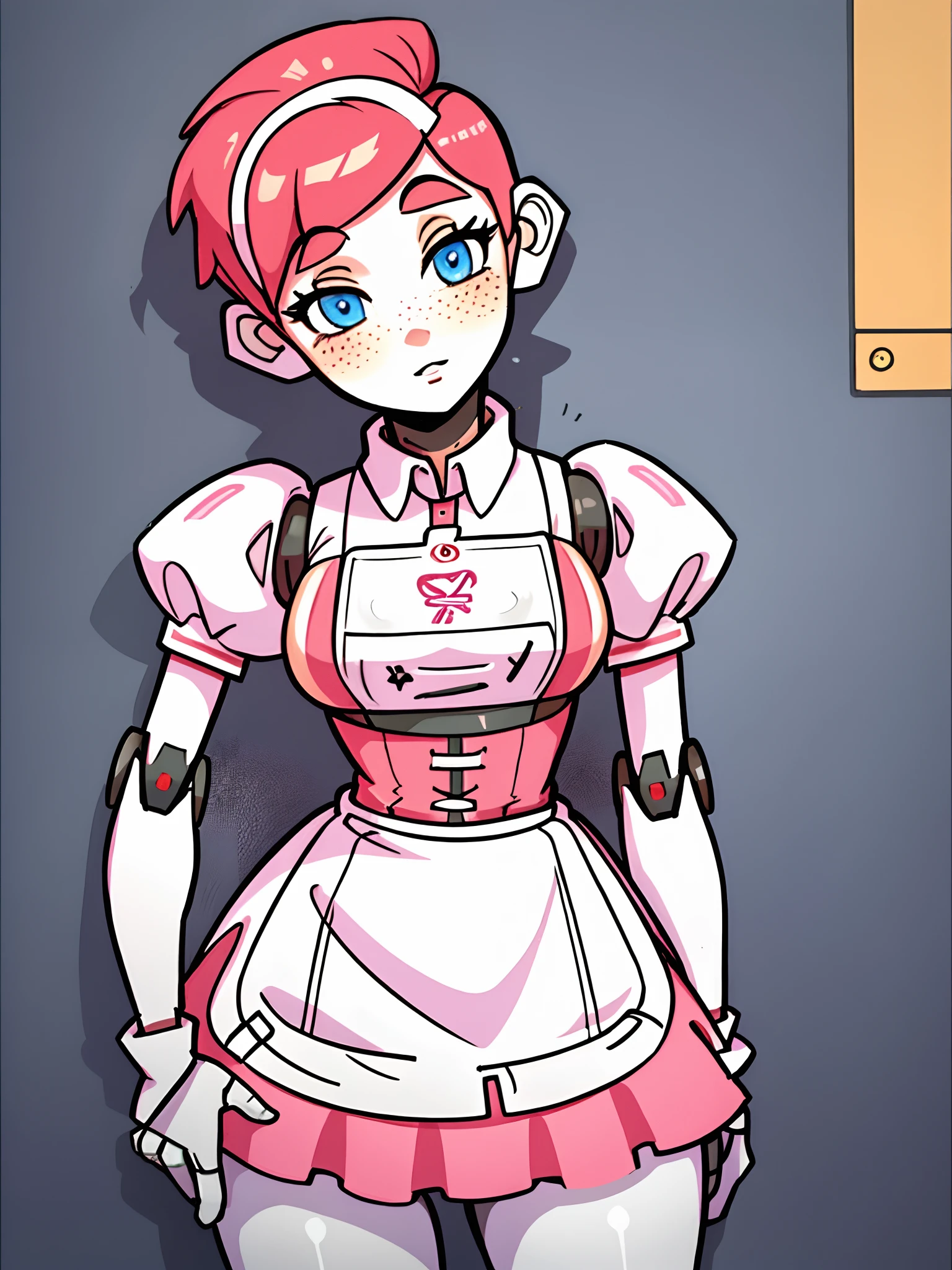 a closeup portrait of a playful robot maid, undercut hair, apron, good body, pronounced feminine feature, kitchen, [ash blonde | ginger | pink hair], freckles, flirting with camera, (small boobs)