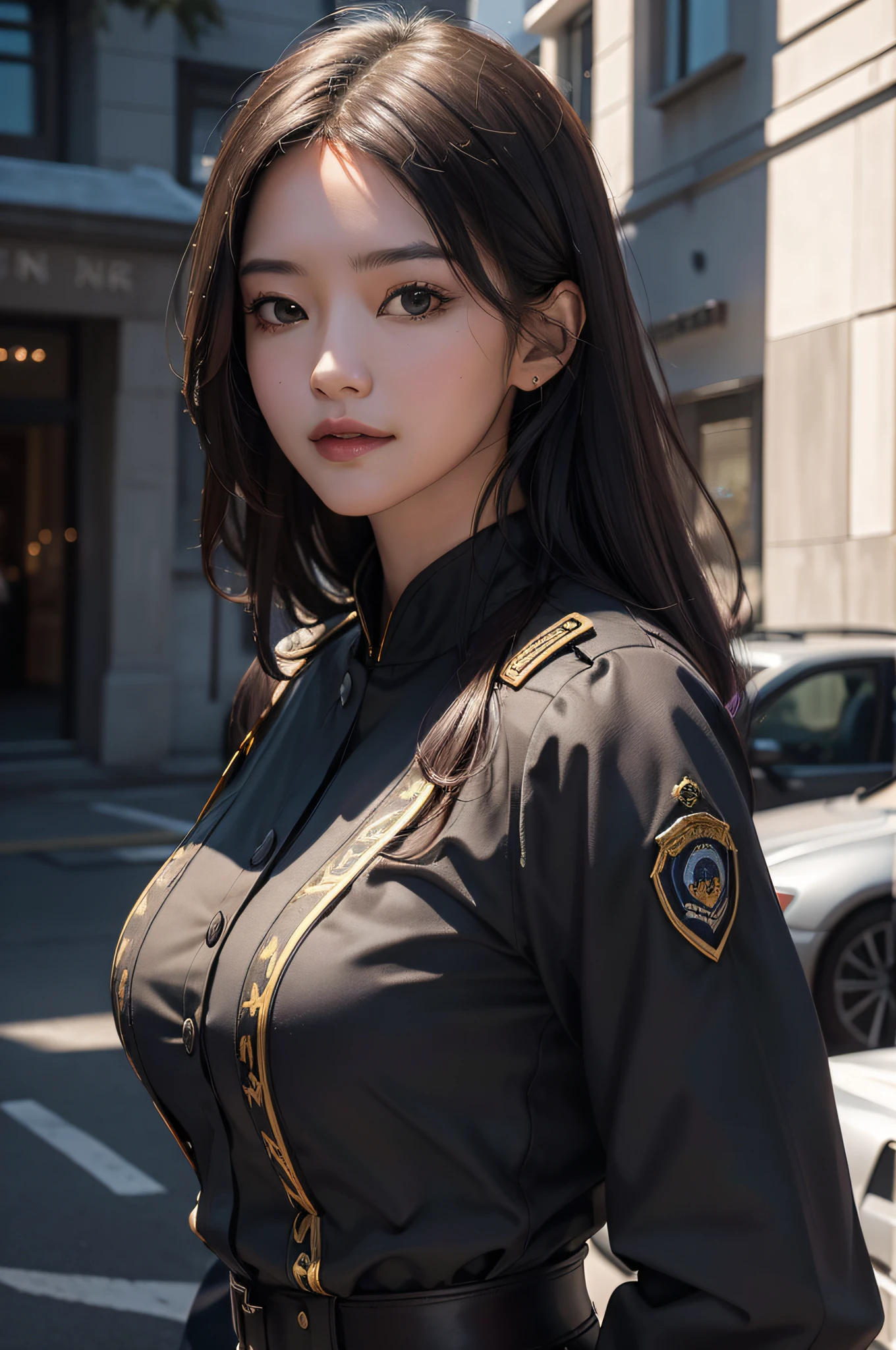 (Hyper-realistic) , (illustratio), (Increase the resolution),(8K), (Most Best Illustration),(extremely detaile), (美丽细致的眼睛),(The face is super detailed), (详细的脸), 独奏,1个Giant Breast Girl, looking at viewert, in the darkness nigth, deep shading, ssmile,cabelos preto e longos，（（（Special forces uniforms：1.8）））