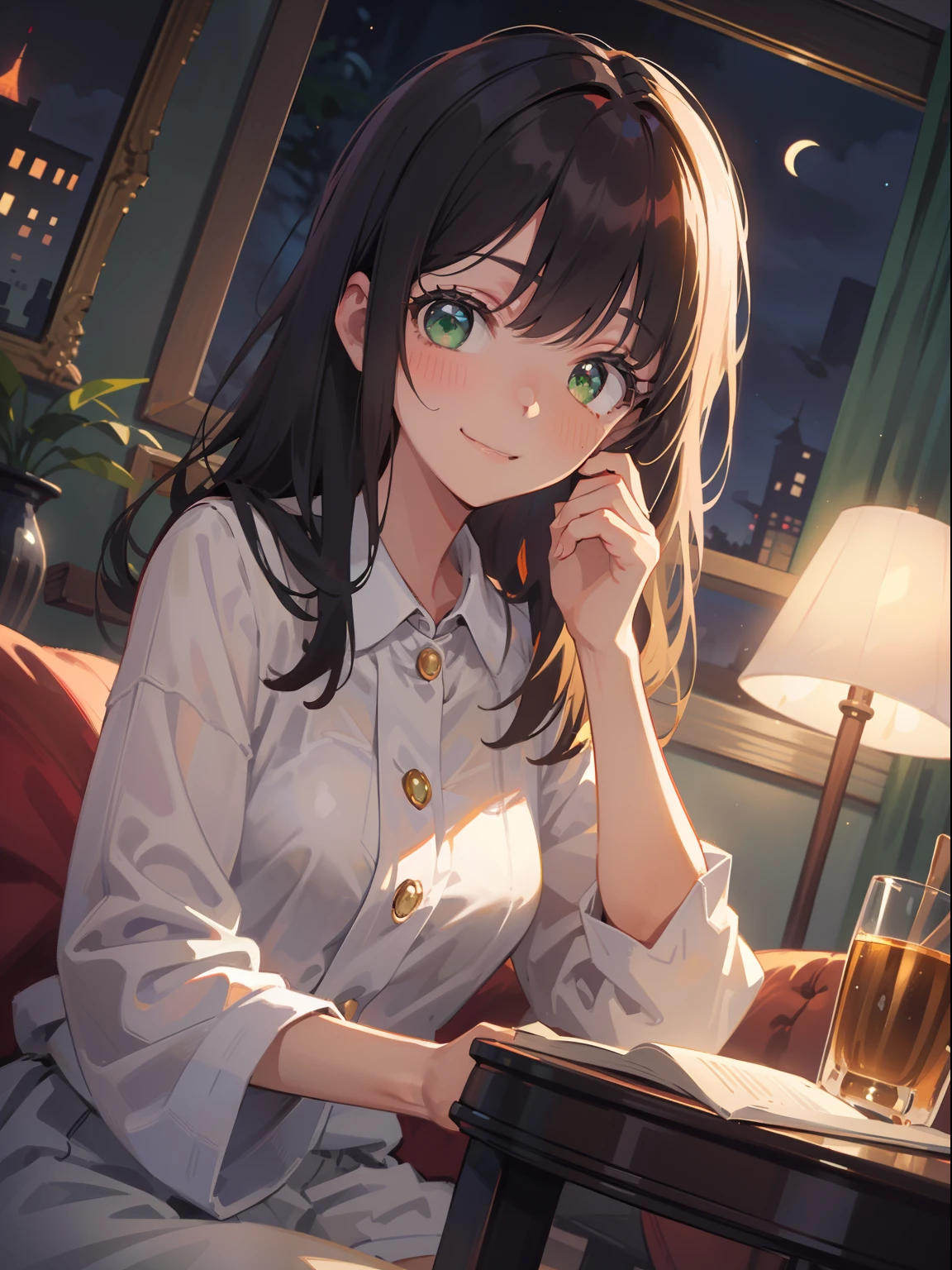 (masterpiece), (best quality), ultra high res, sharp focus, ((1 woman, solo)), upper body, dutch angle, beautiful detailed hair, chestnut brown hair, long hair tumbles down, beautiful detailed face, ((beautiful shape eyes, green eyes)), perfect feminine face, comfortable face, feminine light homey outfit, in the living room, (at the night time:1.5), greeting to the viewer with smiles